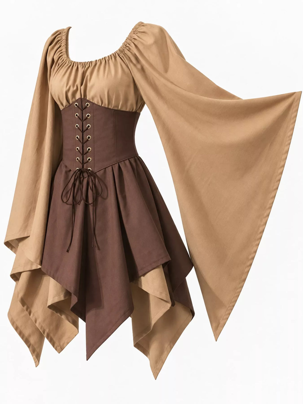 Lace-up asymmetric dress, tan brown side