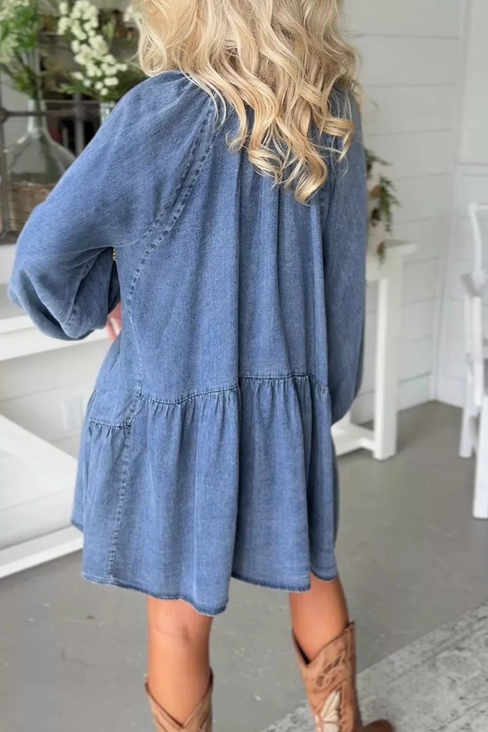 Trendsi Puff Sleeve V Neck Ruffled Loose Denim Mini Dress -