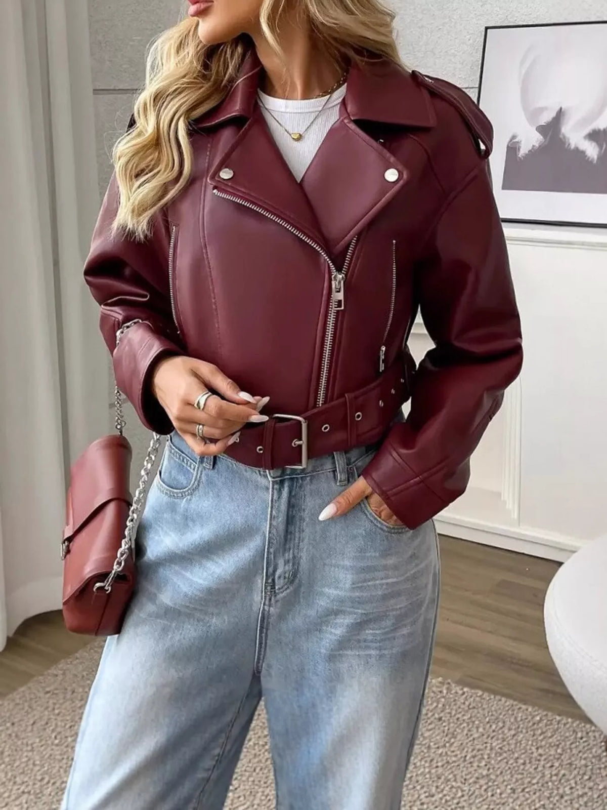 Faux Leather Zip Up Jacket in burgundy, front view