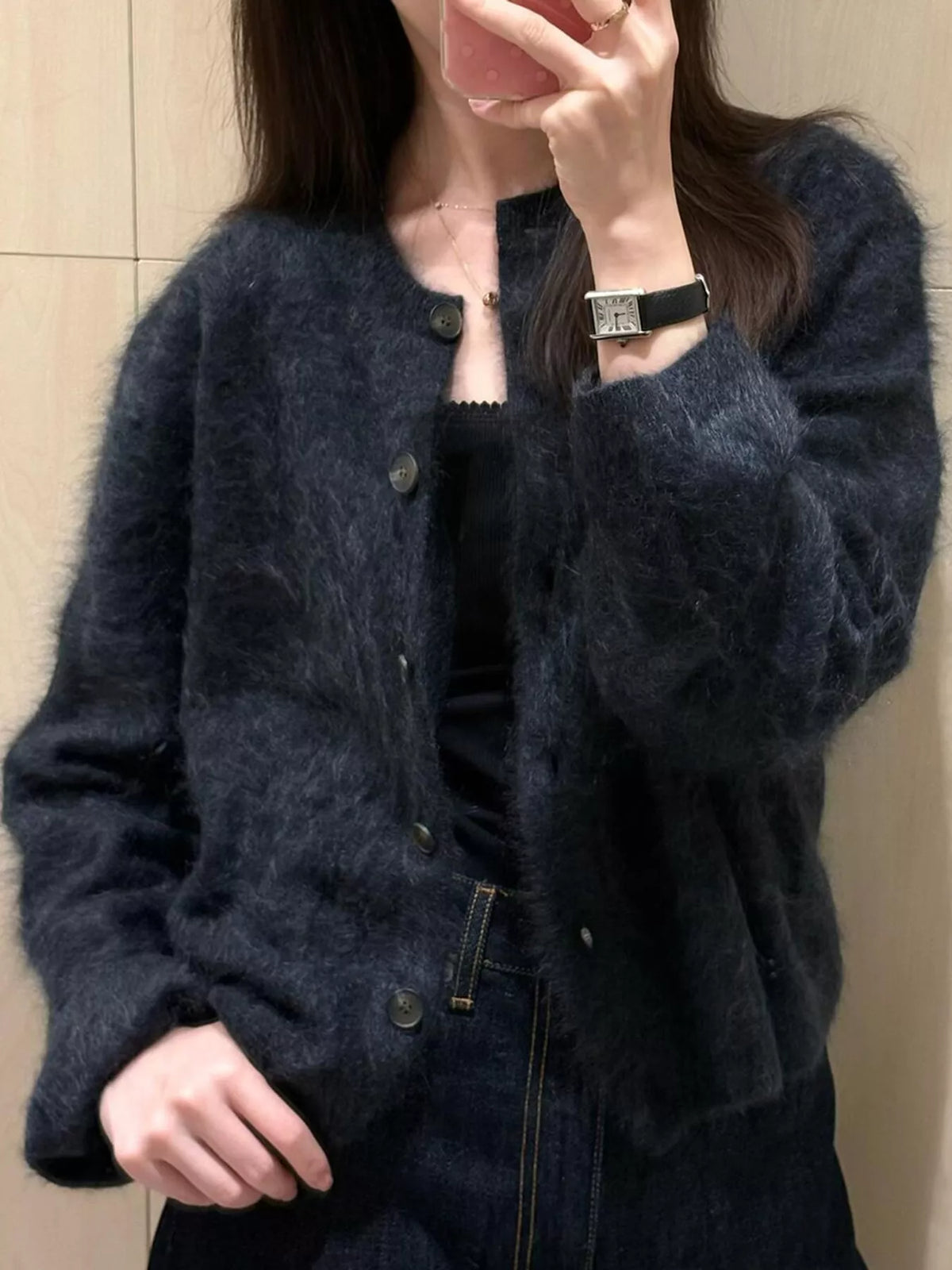 Dark Gray fuzzy button up cropped cardigan