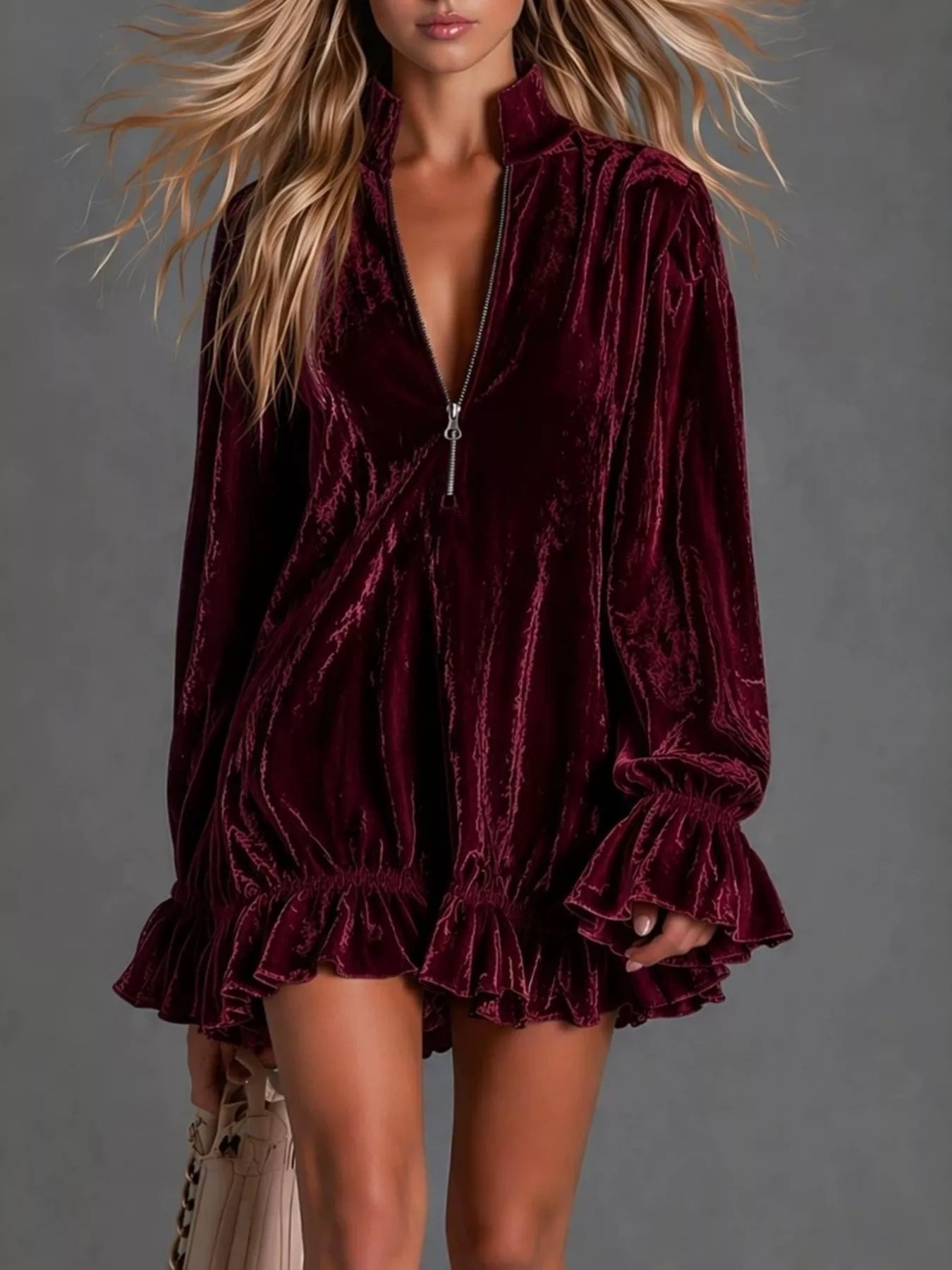 Trendsi Full Size Zip-Front Ruffle Hem Mini Dress Plus Size -