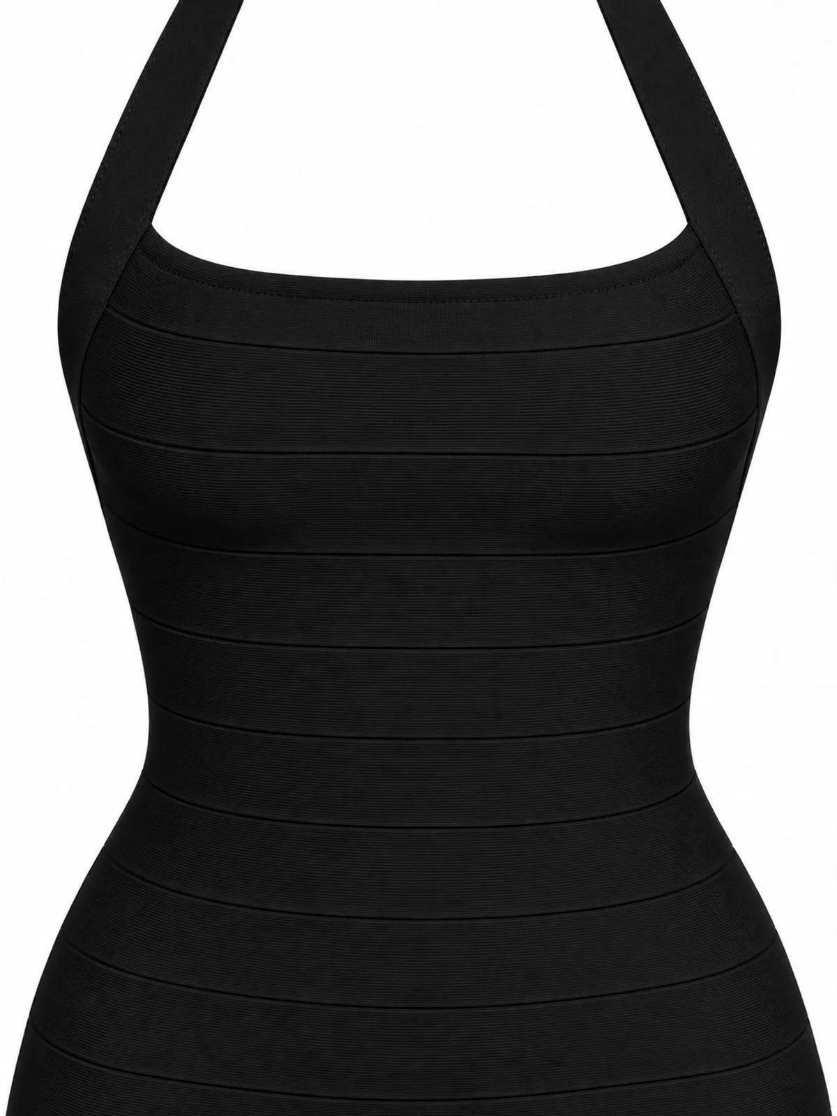 Black halter neck bodycon dress, detail view