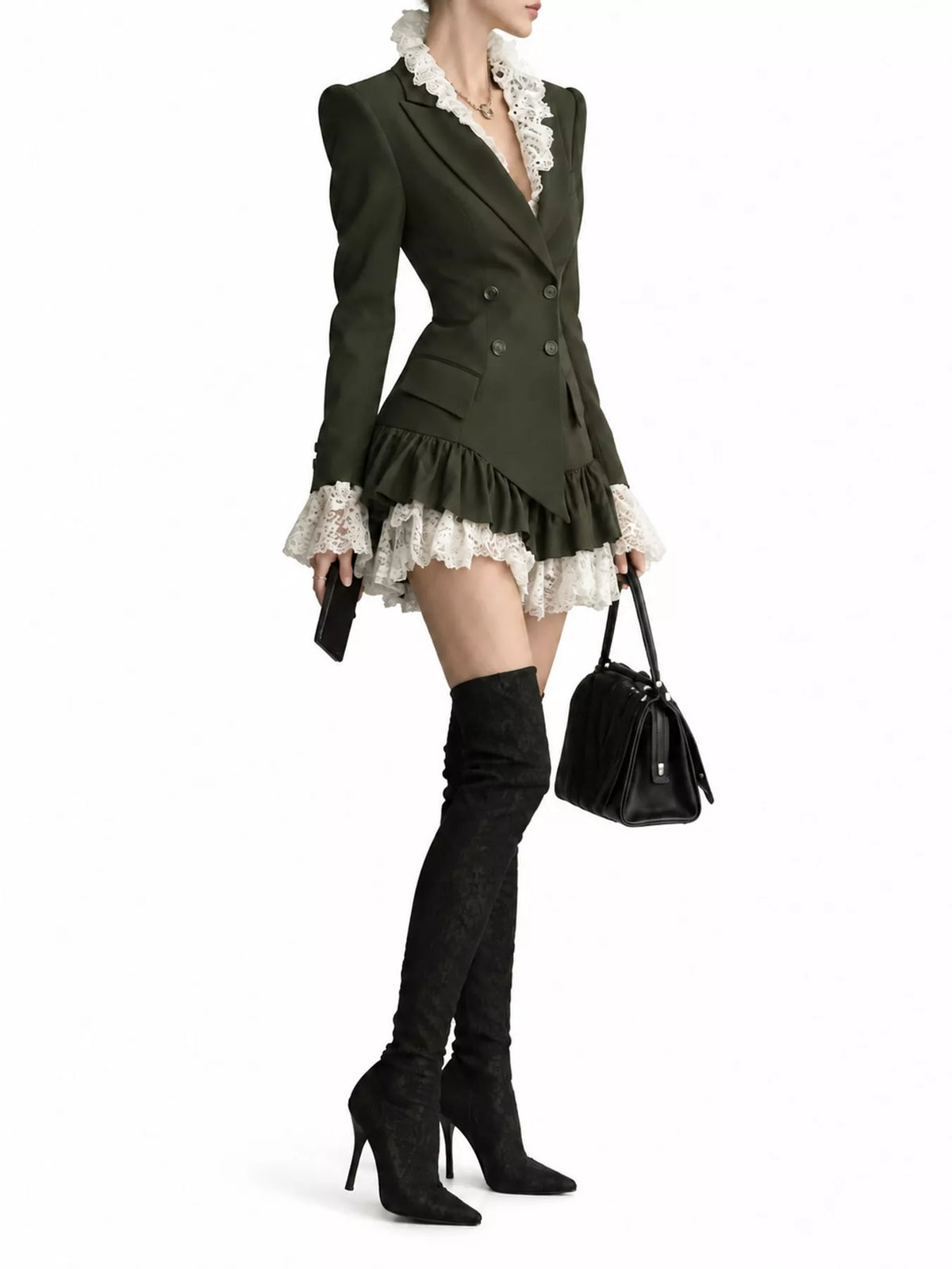 Army green lace trim blazer dress, side view