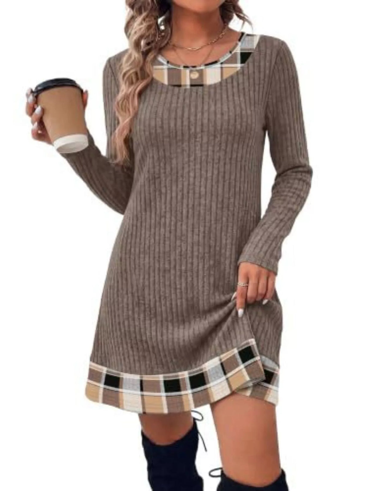 Round neck long sleeve mini dress, front view on model