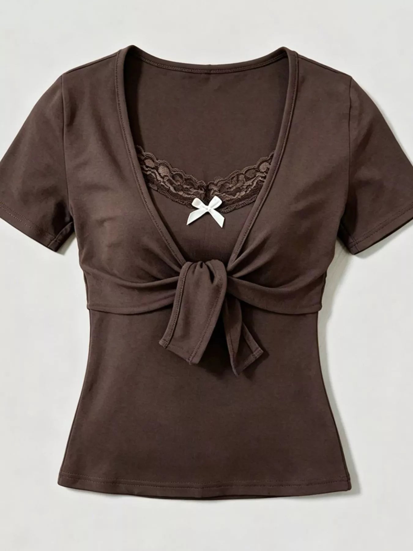 Trendsi Lace Trim Bow Detail T-Shirt -