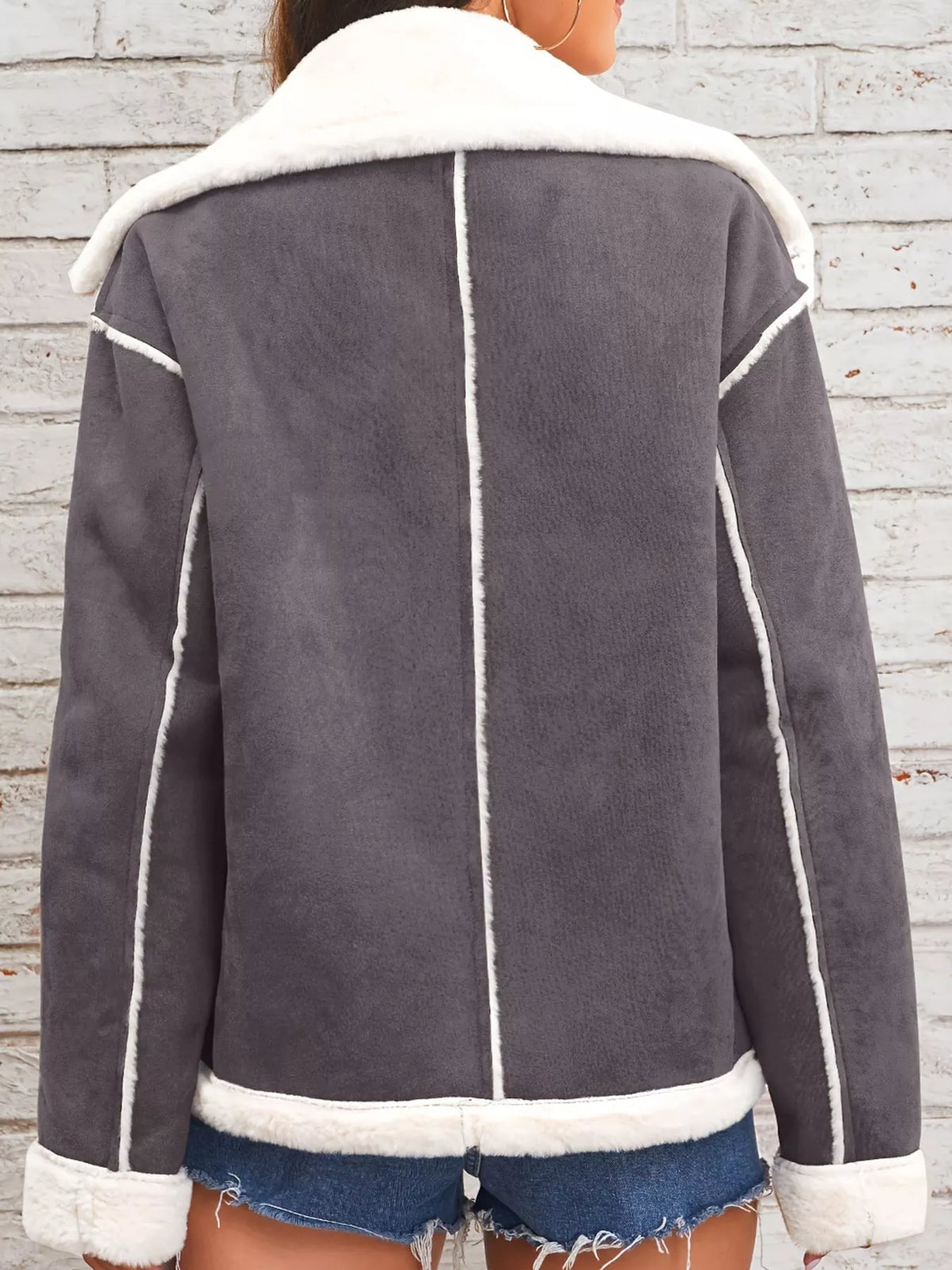 Gray plush-lined button-front jacket — back view