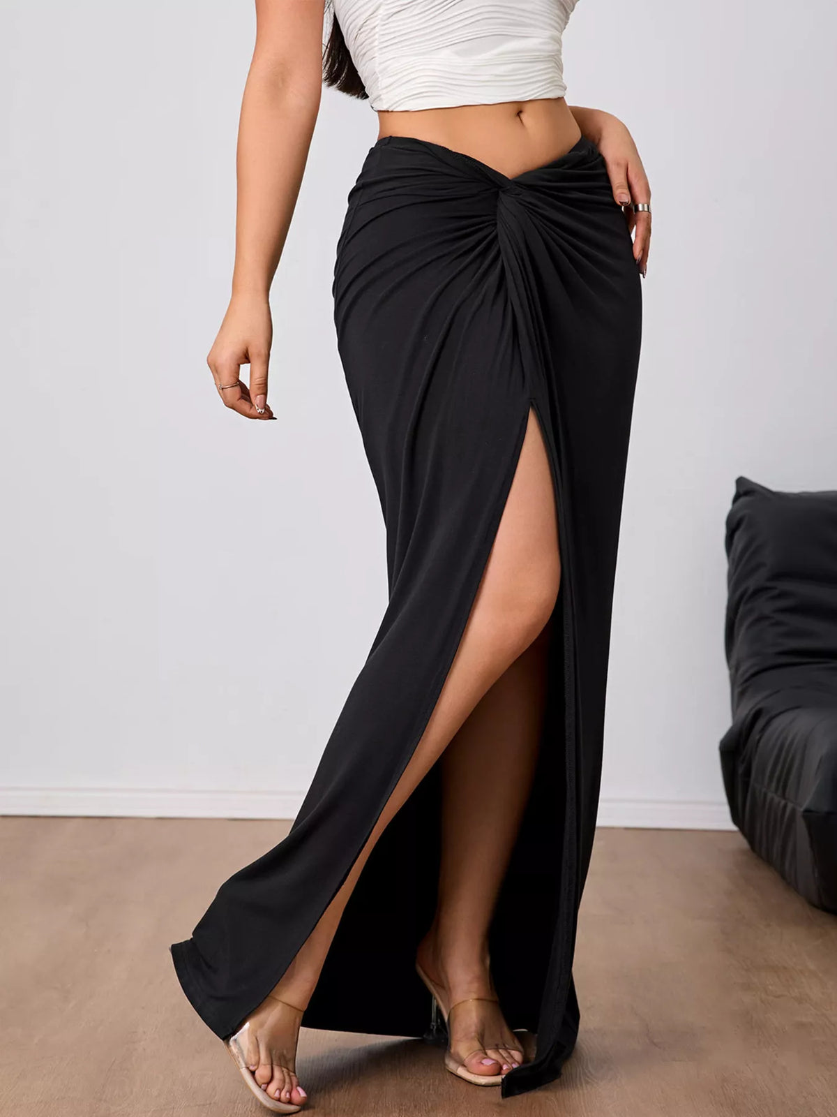 Women's Slit Twist-Front Bodycon Maxi Skirt in Black, alternate view