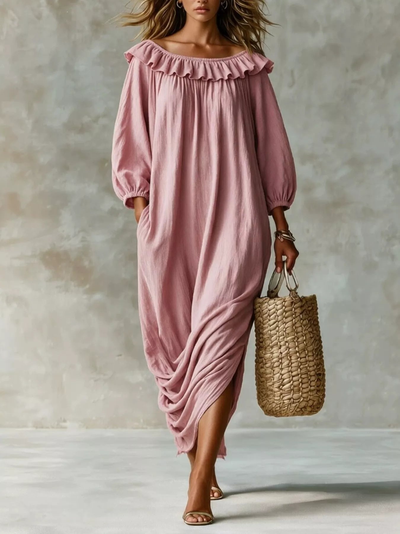 Trendsi Ruffled Boat Neck Ruched Midi Dress -
