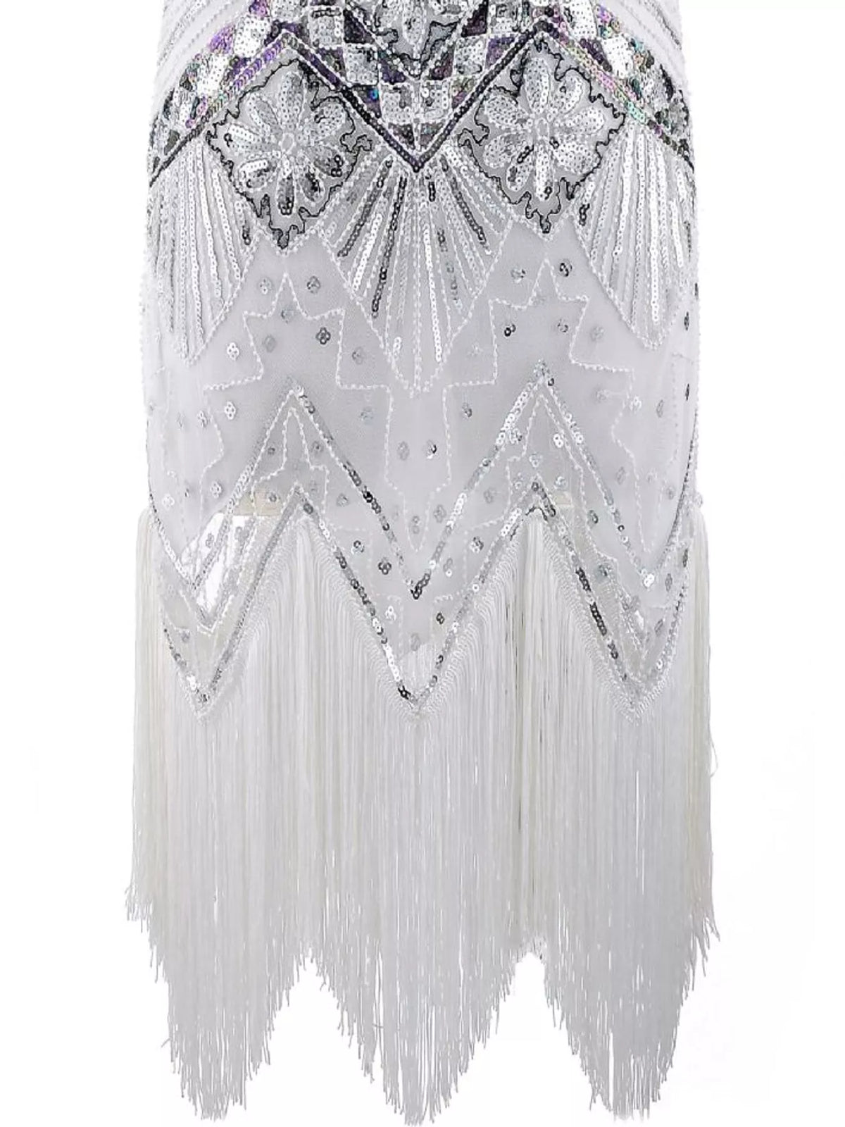 White sequin fringe-hem dress, fringe hem detail