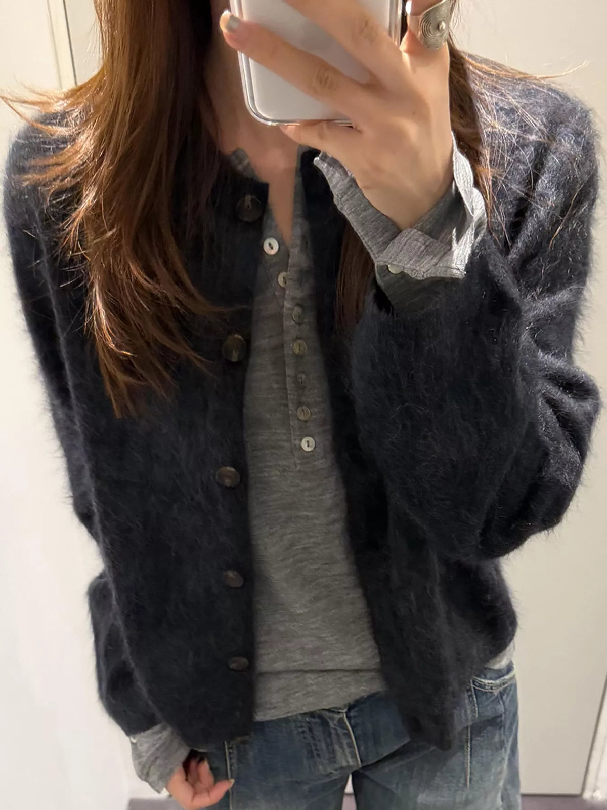 Dark Gray fuzzy button up cropped cardigan