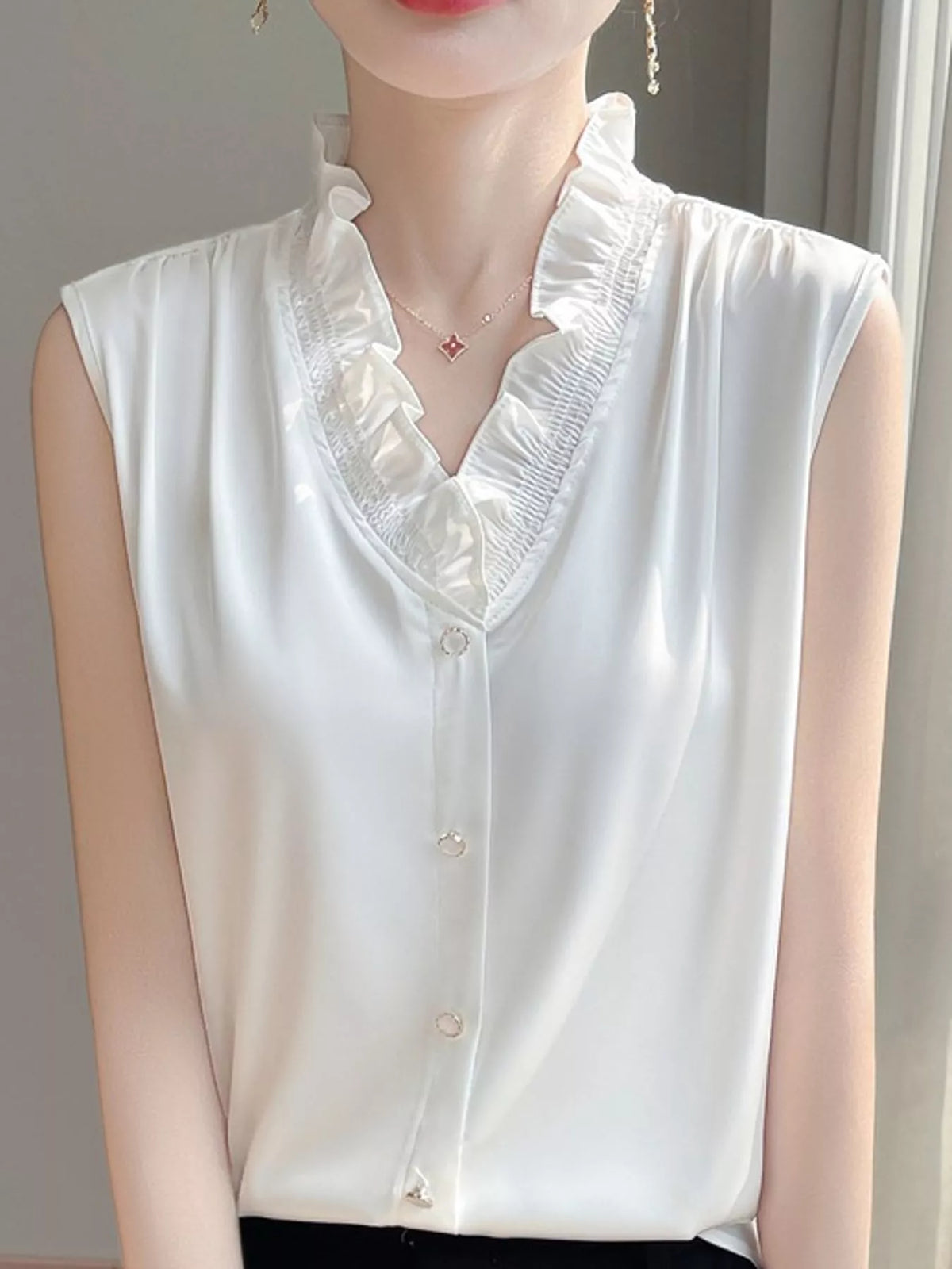Sleeveless Ruffled V-Neck Satin Shirt — front view