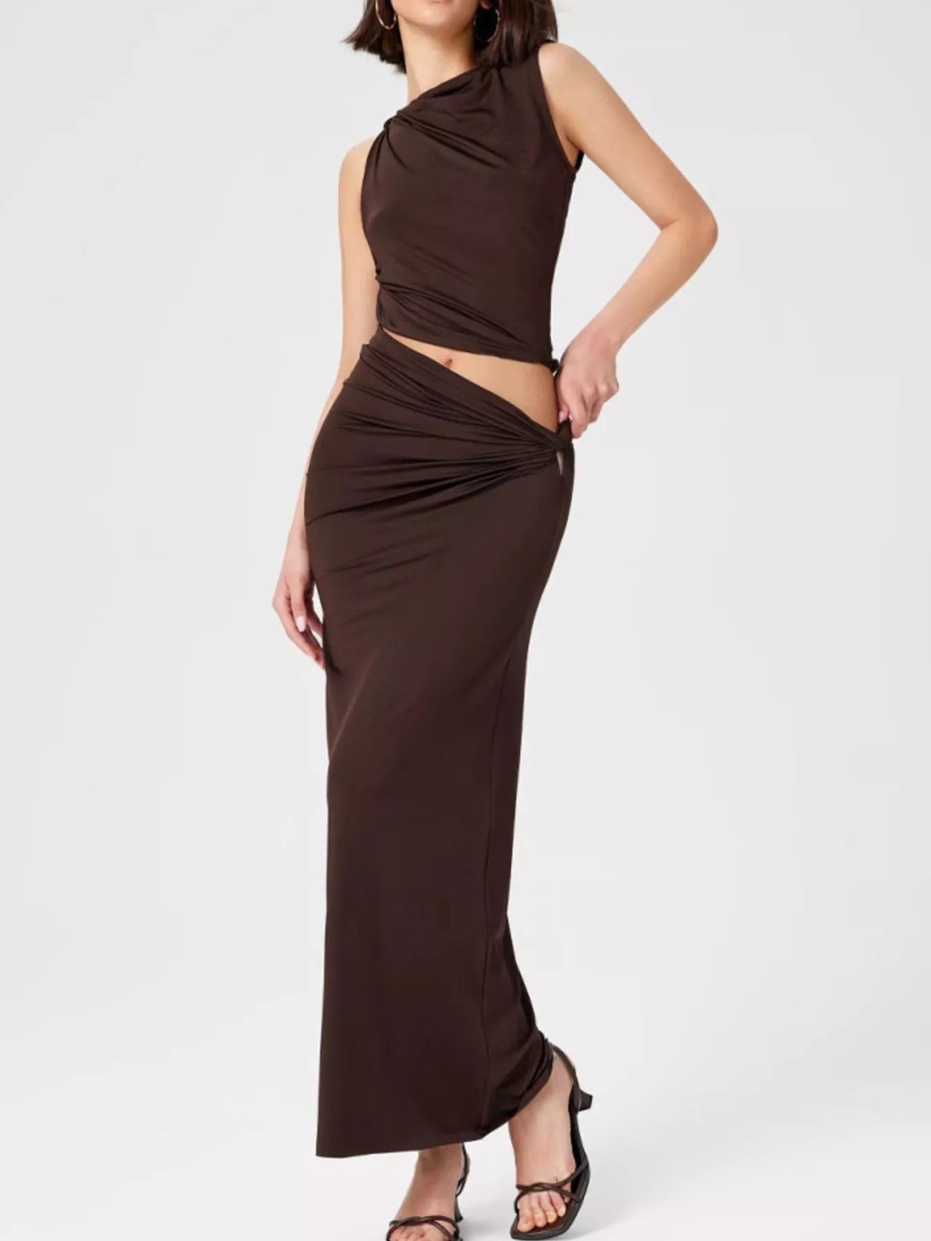 Trendsi Asymmetrical Ruched Knit Top and Skirt Set - Shirts