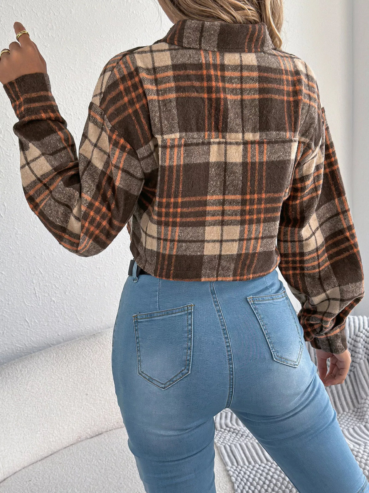 Plaid button-up cropped jacket, back view
