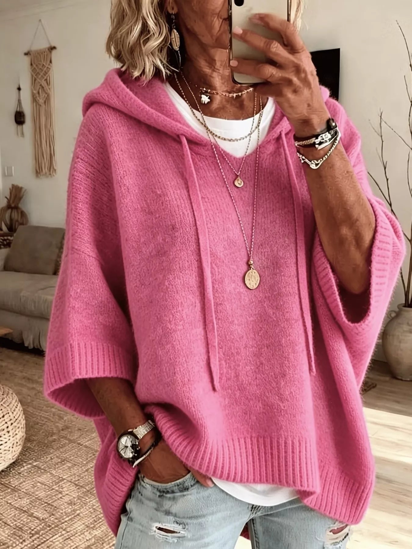Trendsi Full Size Casual Hooded Batwing Sleeve Knit Sweater Plus Size -