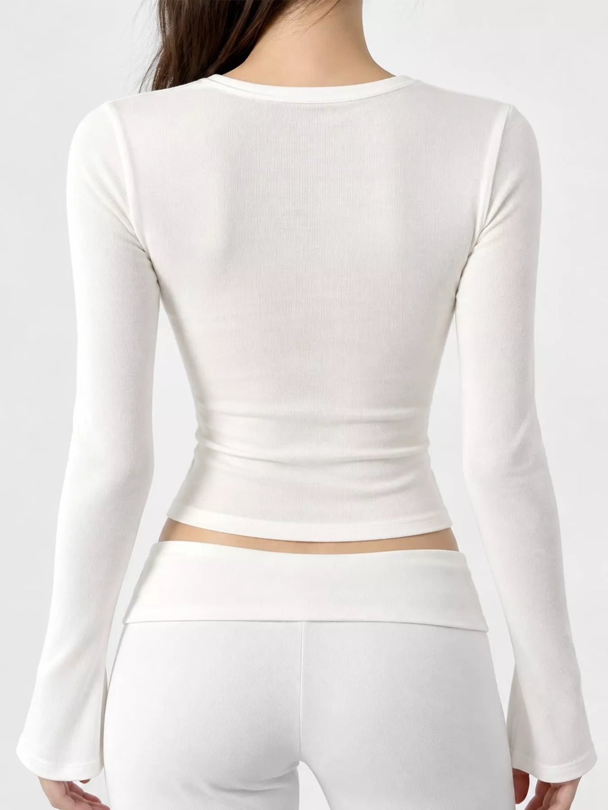 White button detail long sleeve t-shirt, back view