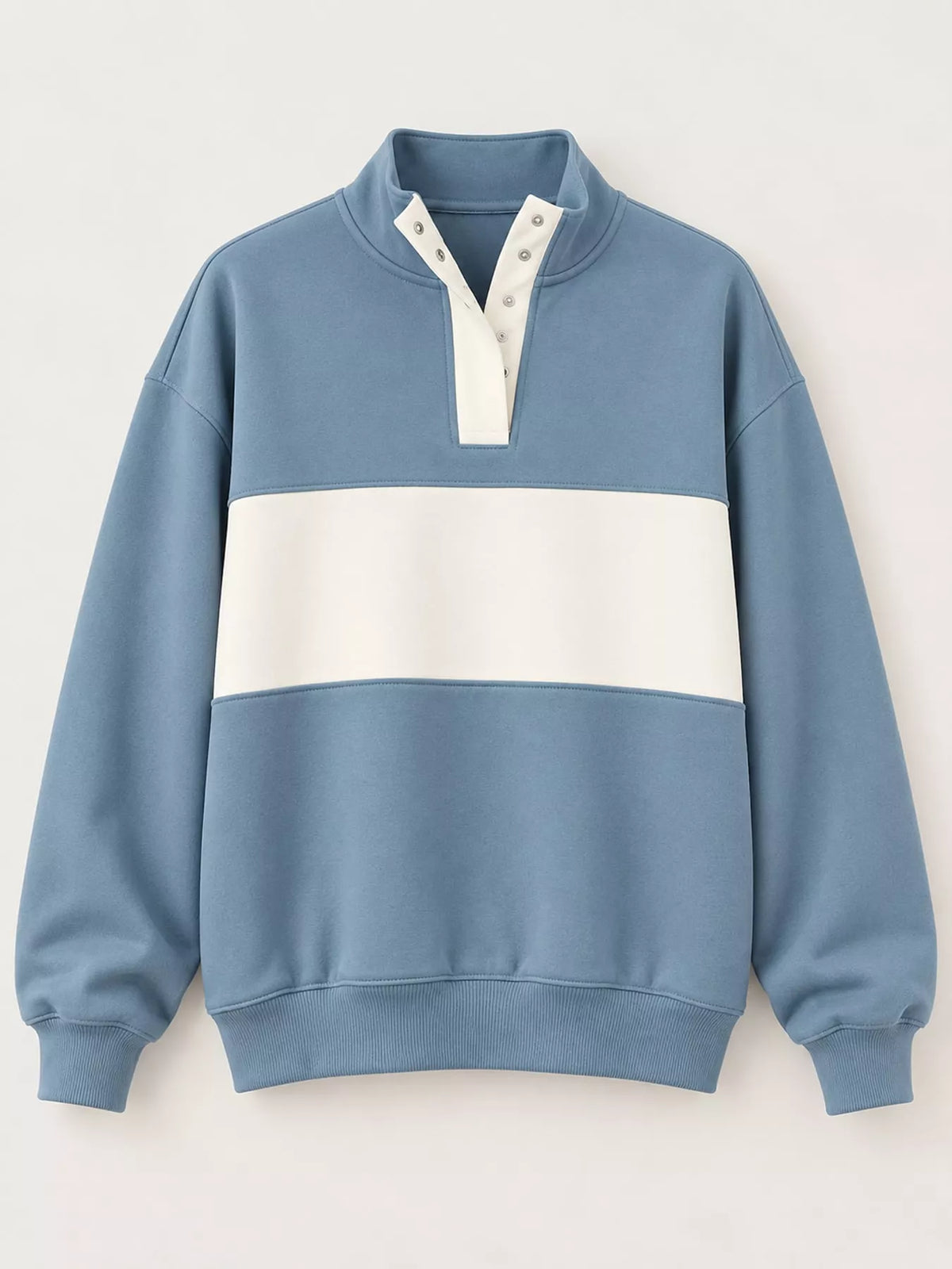 Blue and cream color block snap-button sweatshirt