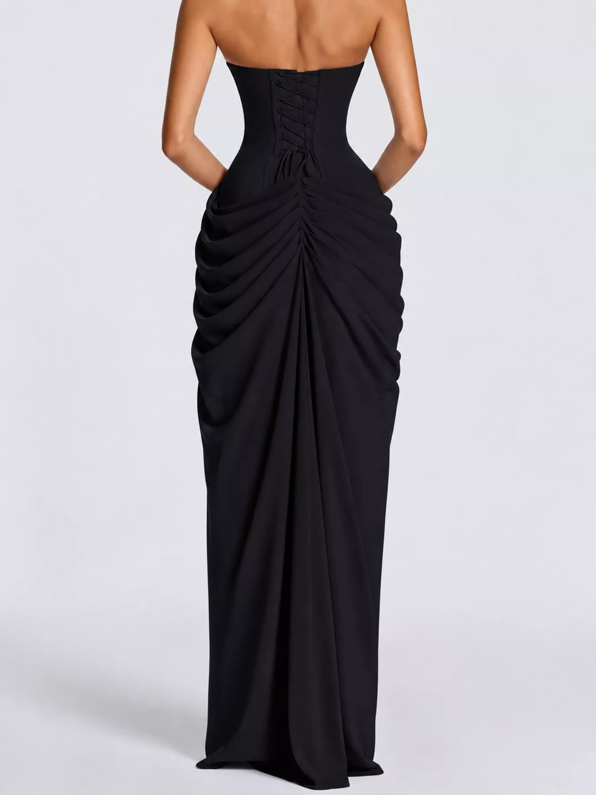 strapless maxi dress, back view