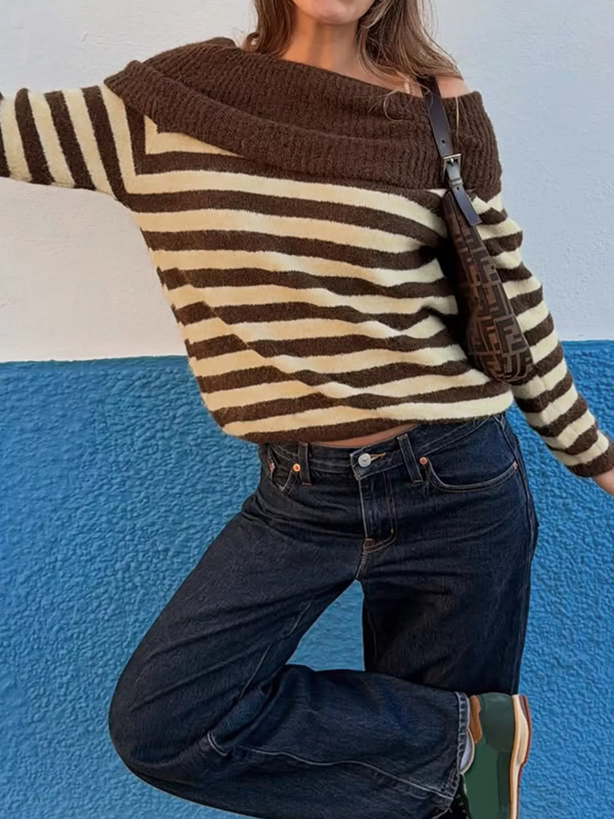 Coffee brown off-shoulder striped knit top