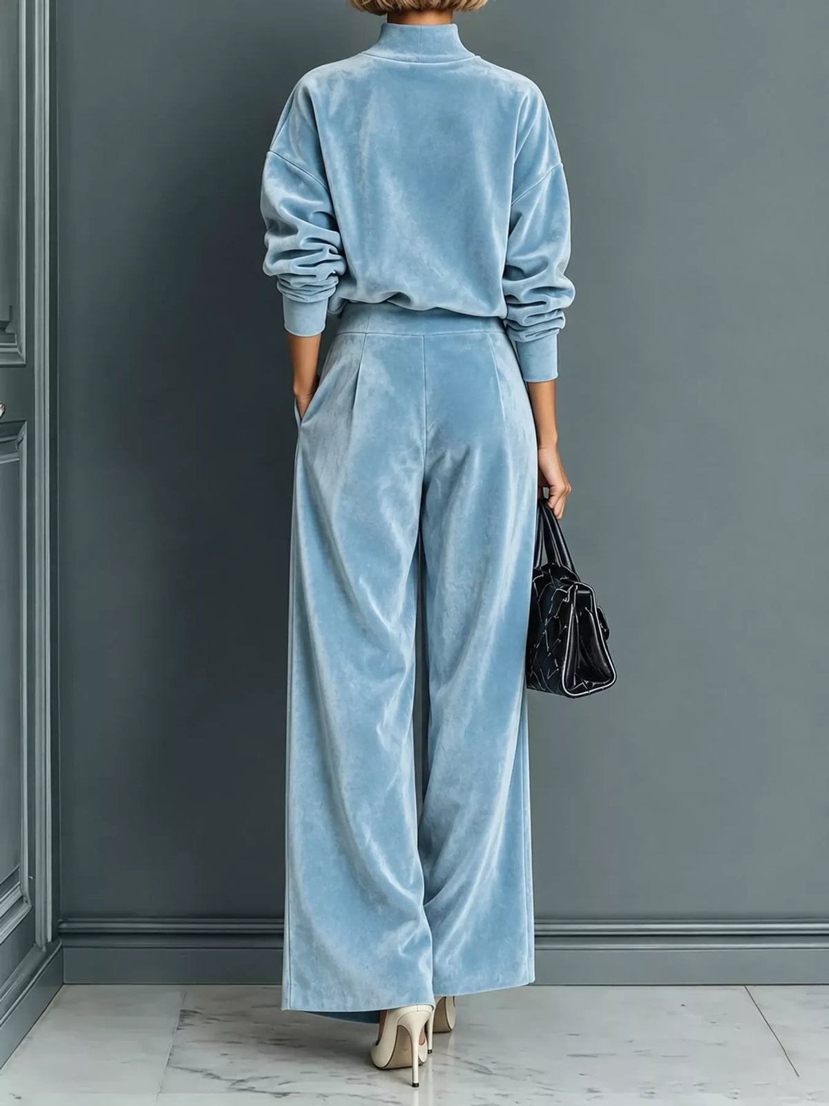 Light blue velvet mock neck top and wide-leg pants set, back view