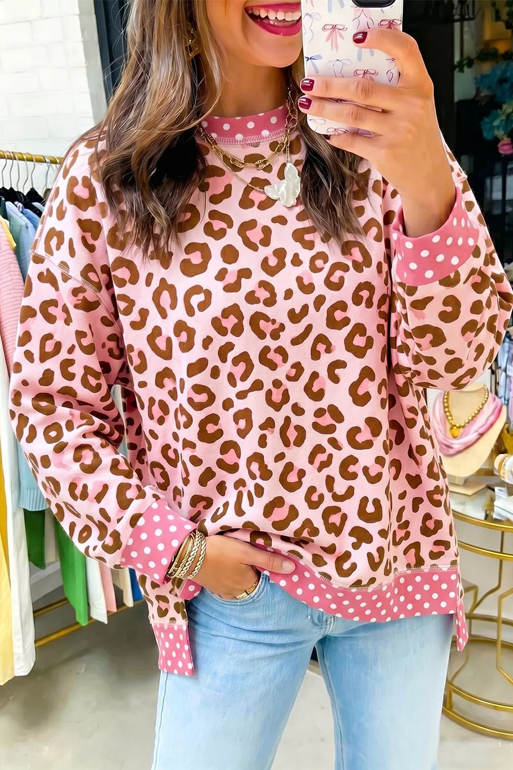 Trendsi Polka Dot Contrast Trim Leopard Round Neck Sweatshirt -