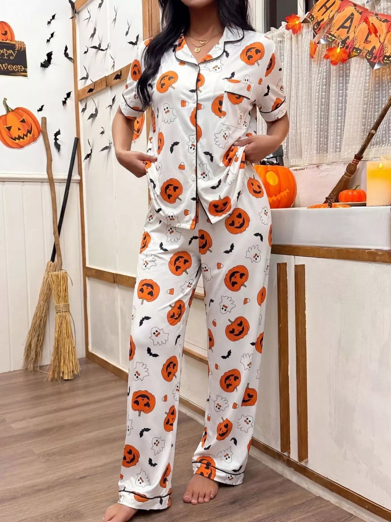 Trendsi Halloween Pumpkin Print Button-Down Top and Pants Set -