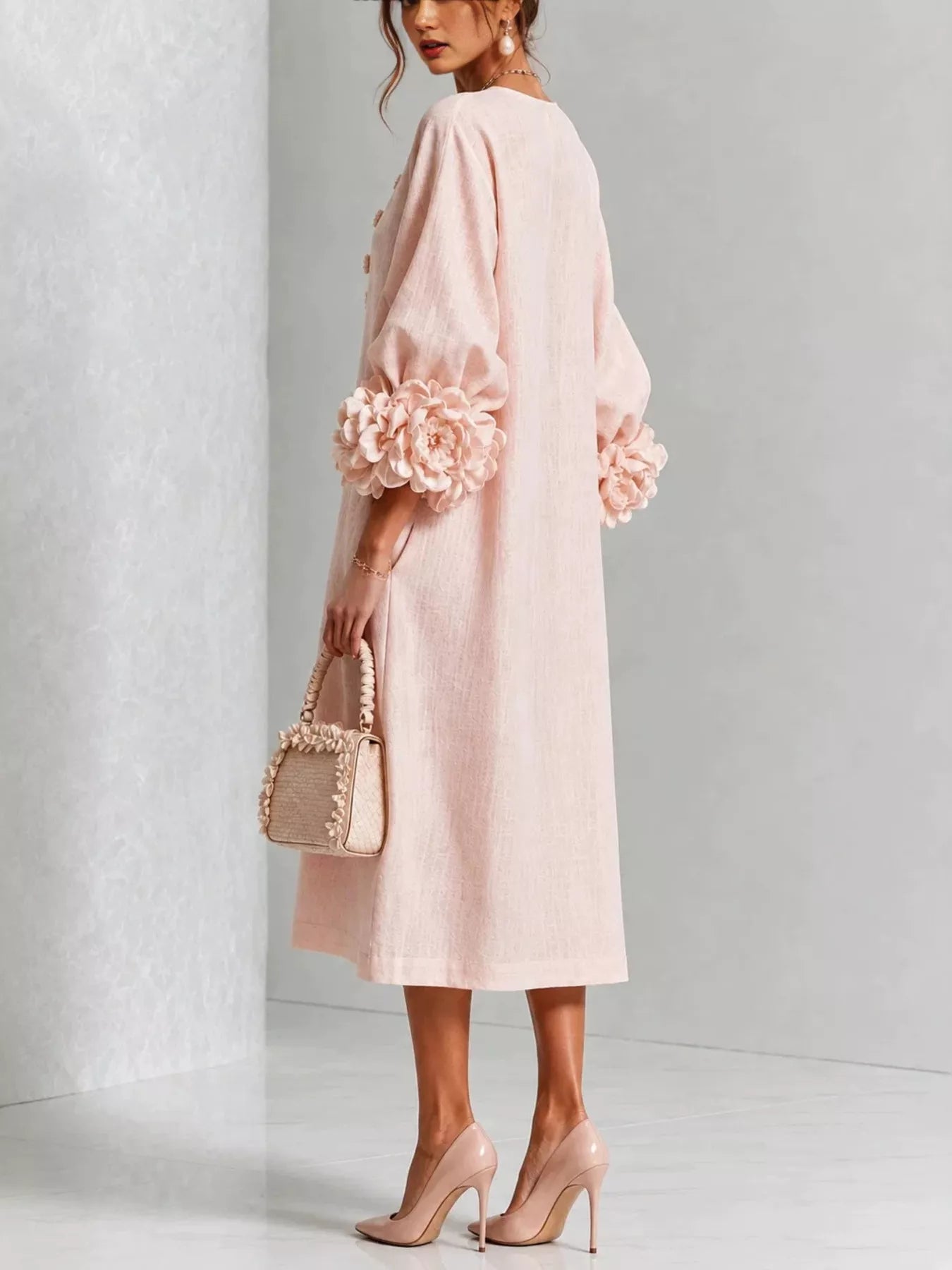 Trendsi 3D Floral Round Neck Midi Dress -