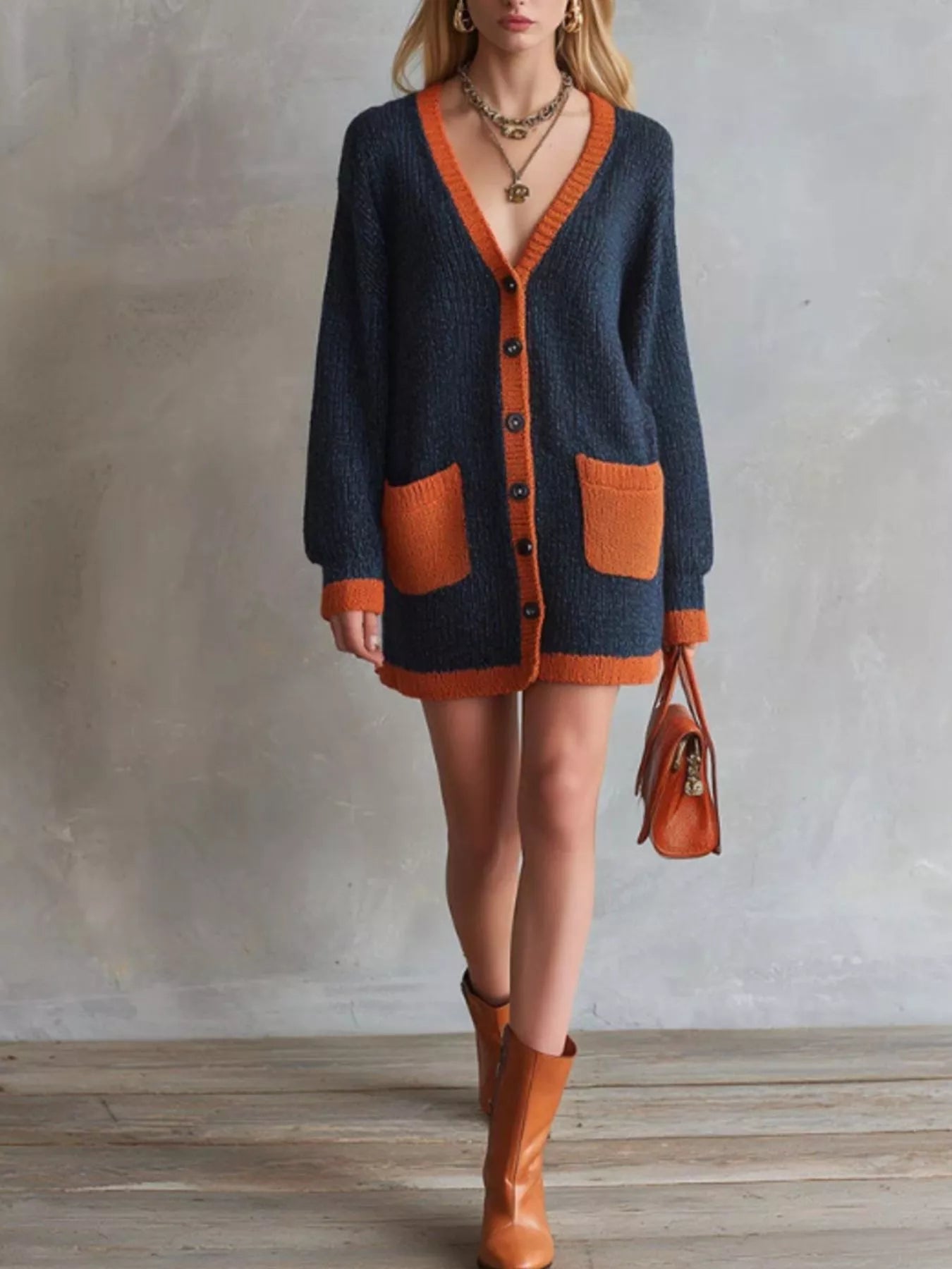 Trendsi Color-Block V-Neck Button-Down Knit Cardigan -