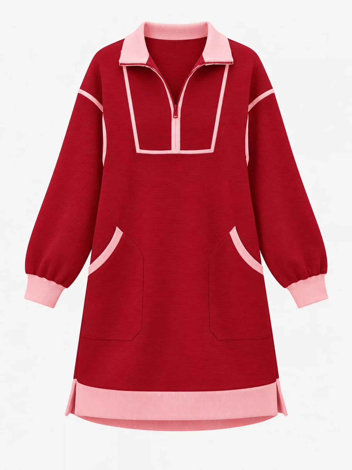 Red color block quarter-zip sweatshirt dress — front view