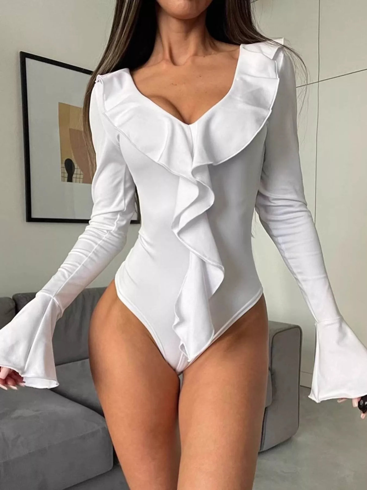 Ruffle Trim Long Sleeve Bodysuit — front view