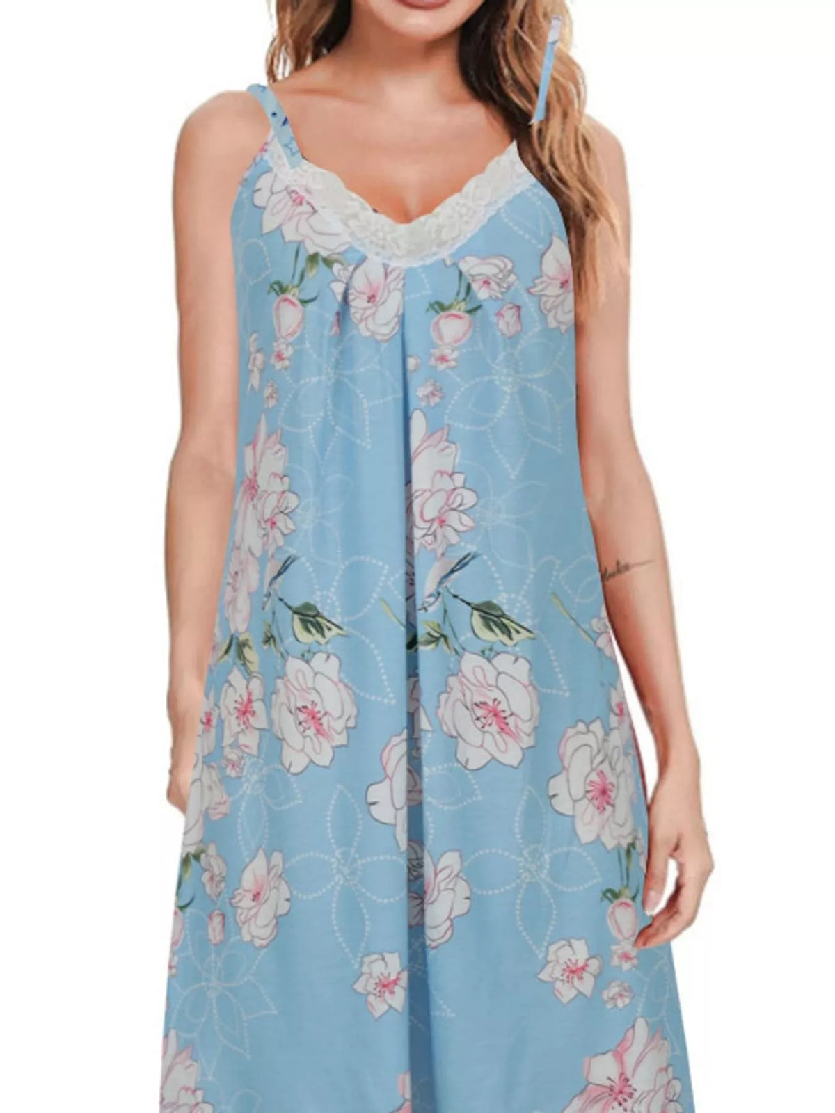 Lace Detail Spaghetti Strap Lounge Dress — front view