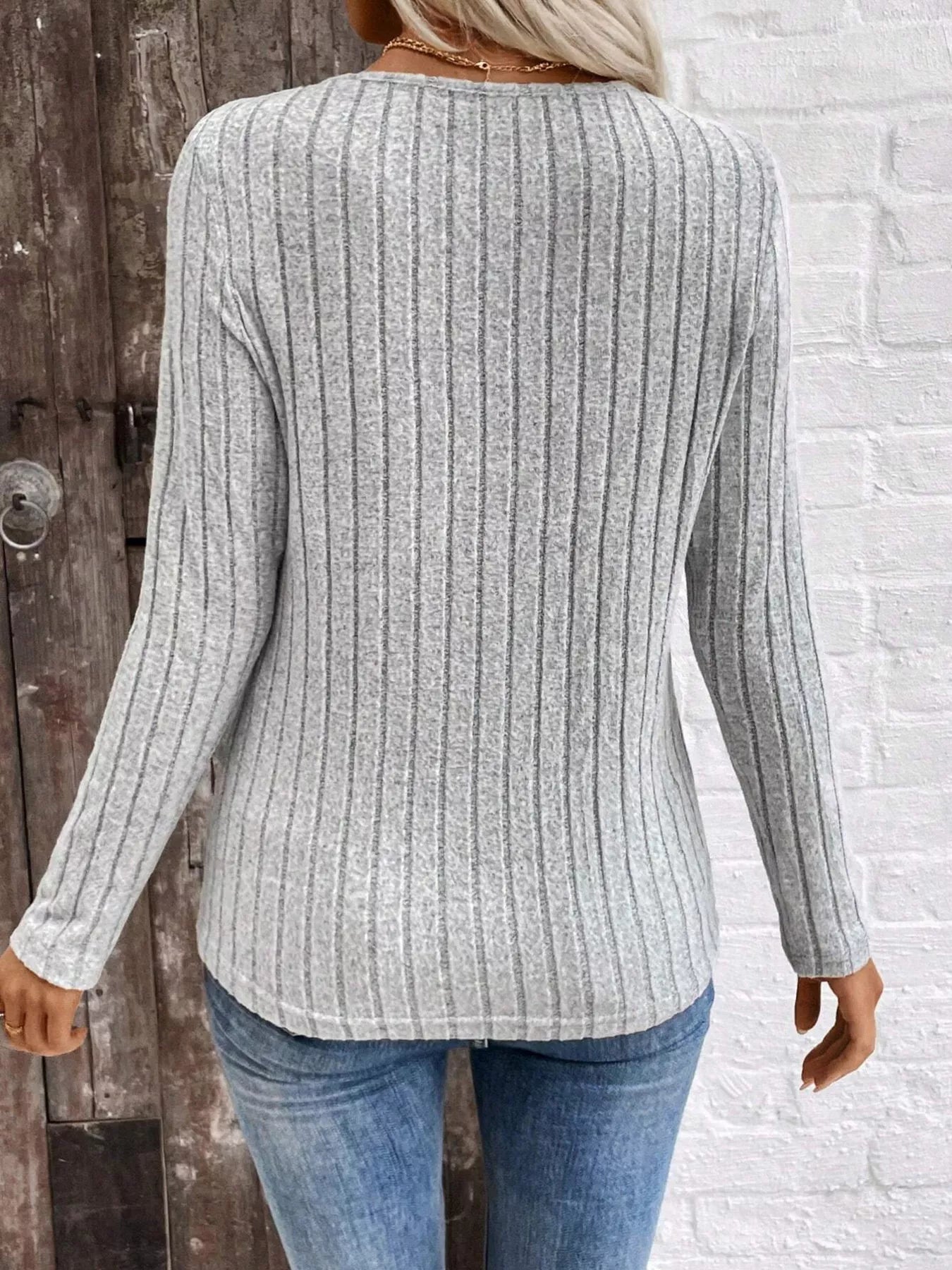 Trendsi Ribbed V-Neck Long Sleeve T-Shirt -