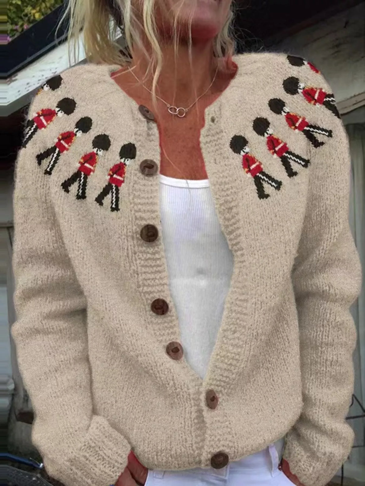Tan British guard pattern cardigan, front view