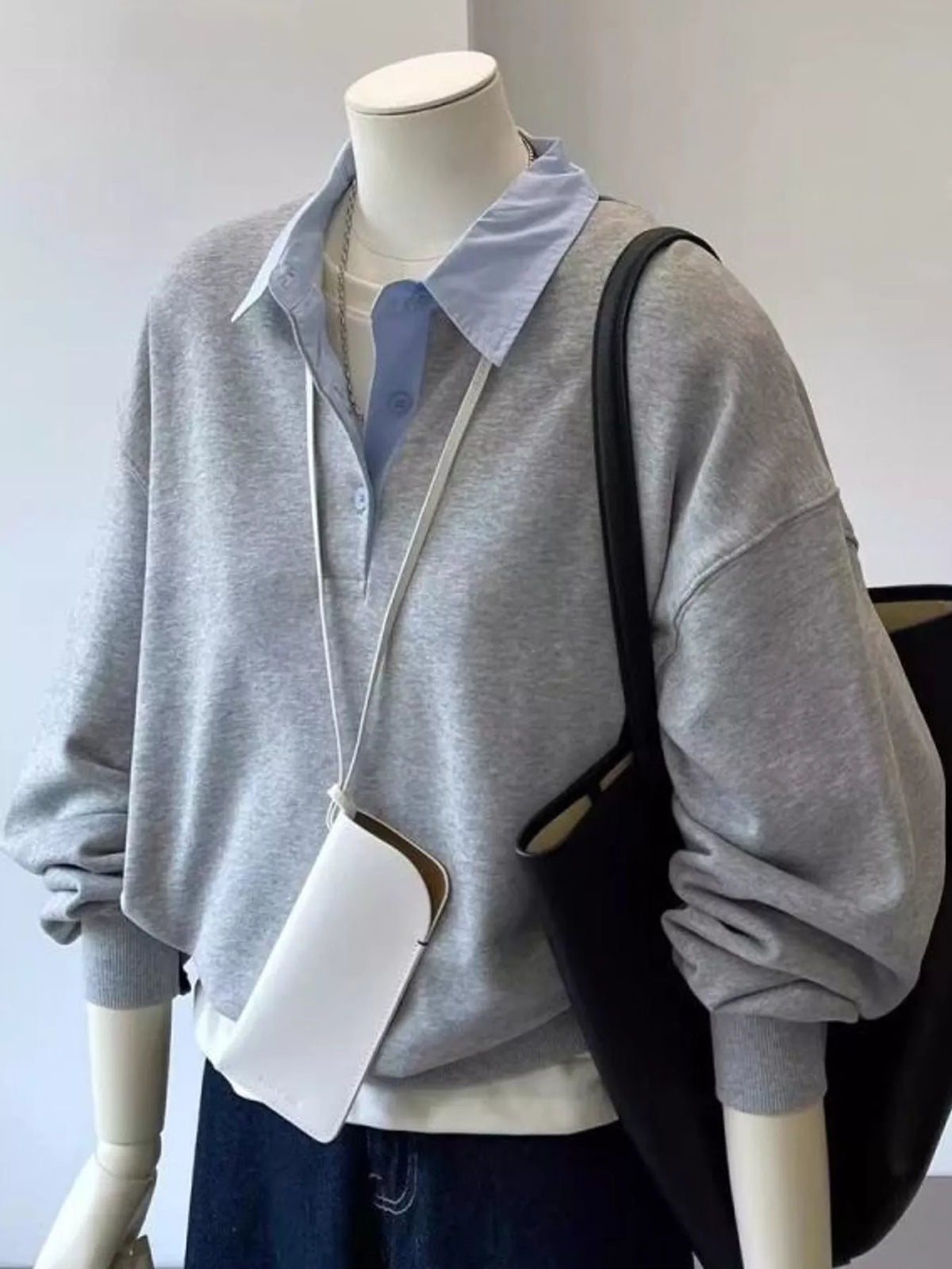 Gray polo-collar layered-look sweatshirt