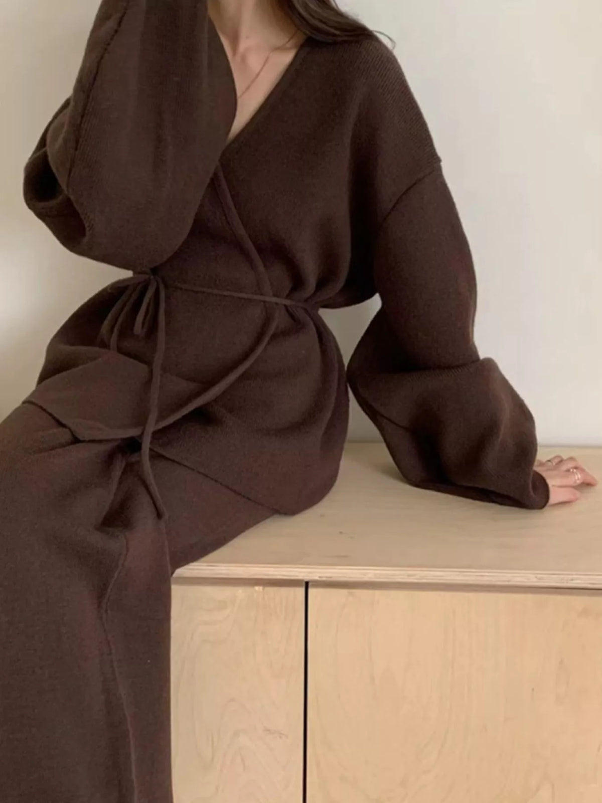 V-Neck Tied Wrap Cardigan and Wide-Leg Pants Sweater Set — front view