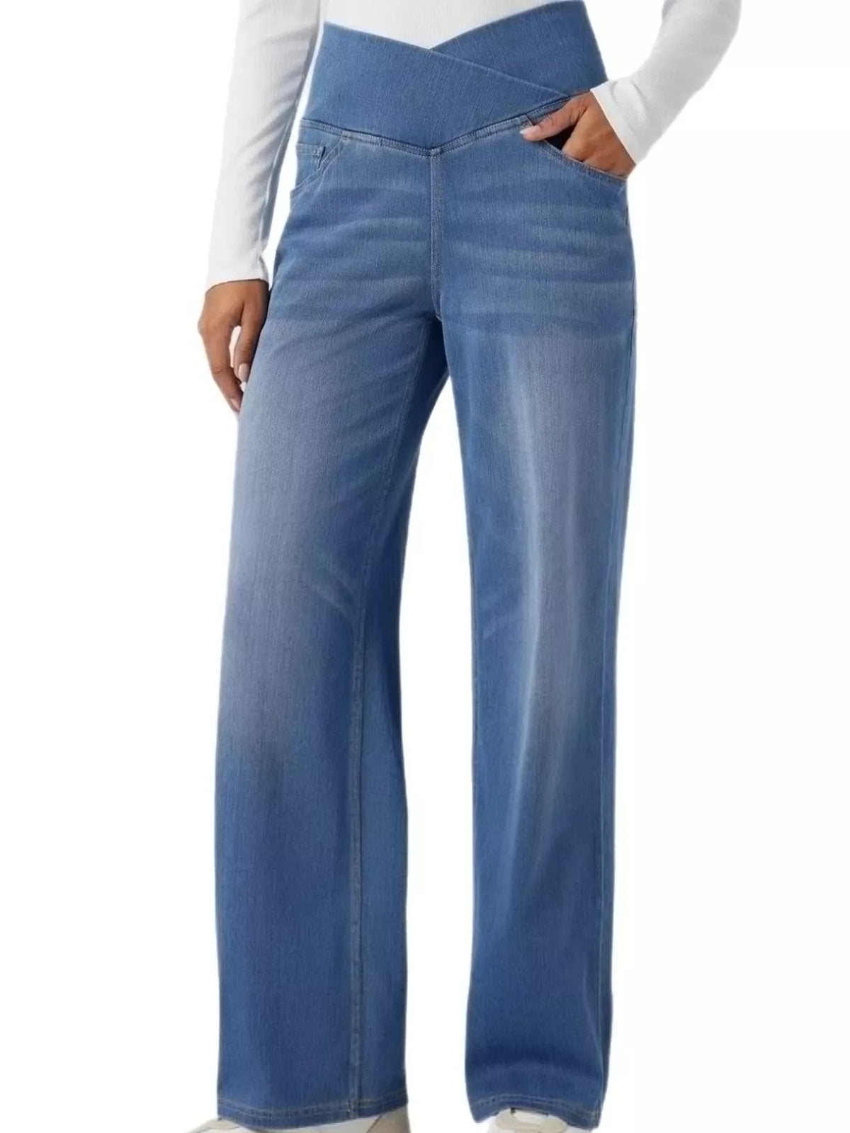 High-Waisted Crossover Straight-Leg Jeans, front view