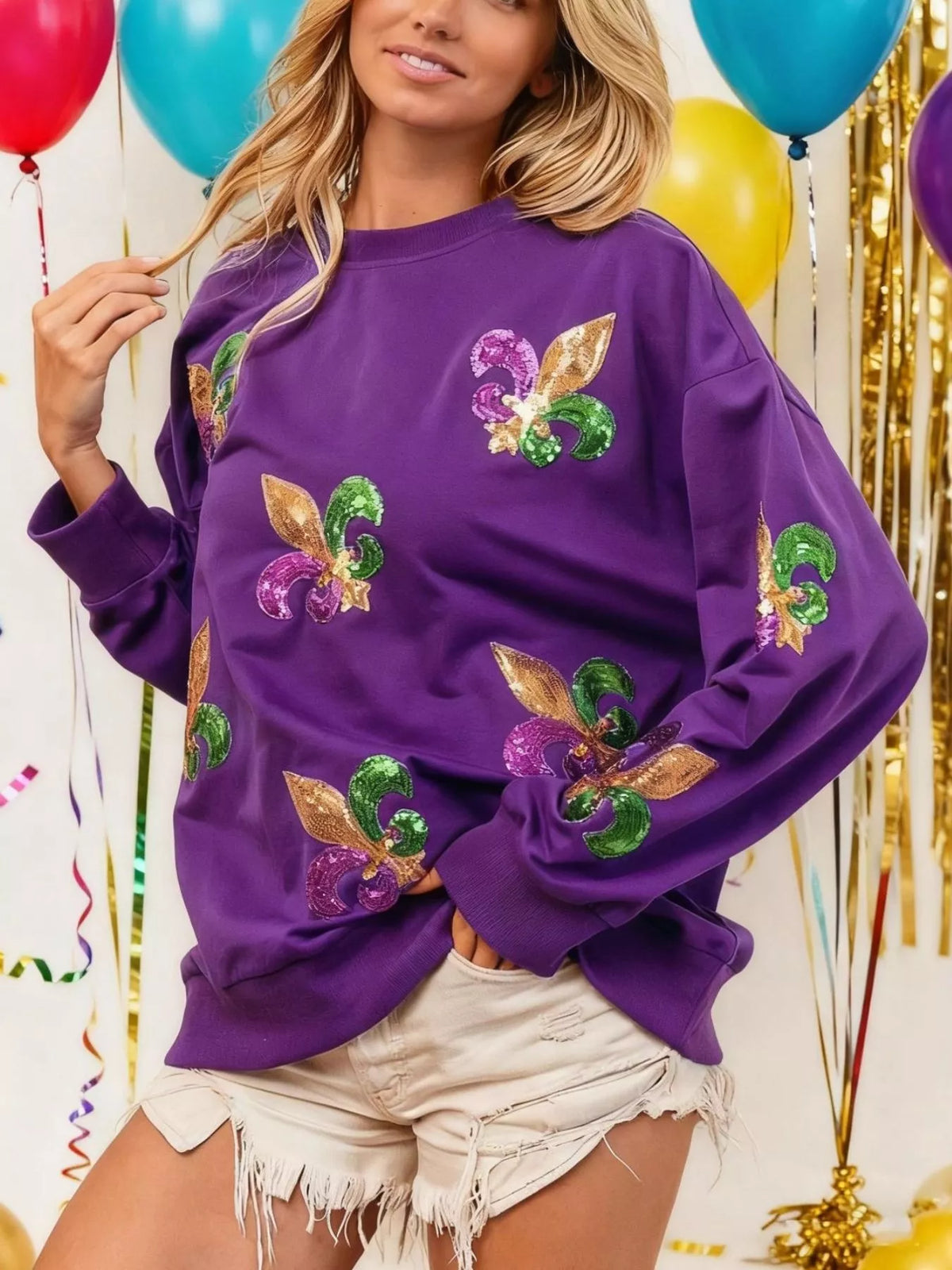 Trendsi Mardi Gras Sequin Crew Neck Sweatshirt -
