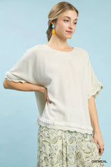 Trendsi Umgee Linen Frayed Hem Scallop Edge Top -