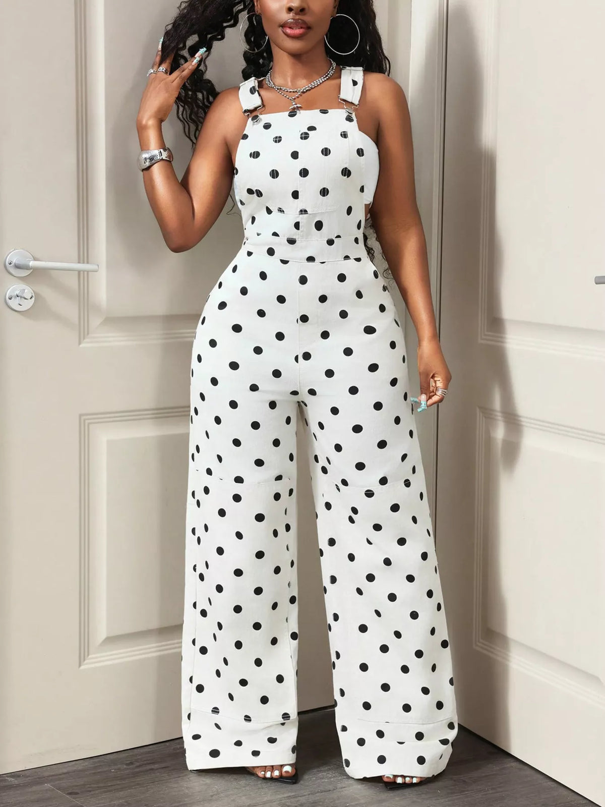 Overalls, white polka dot front