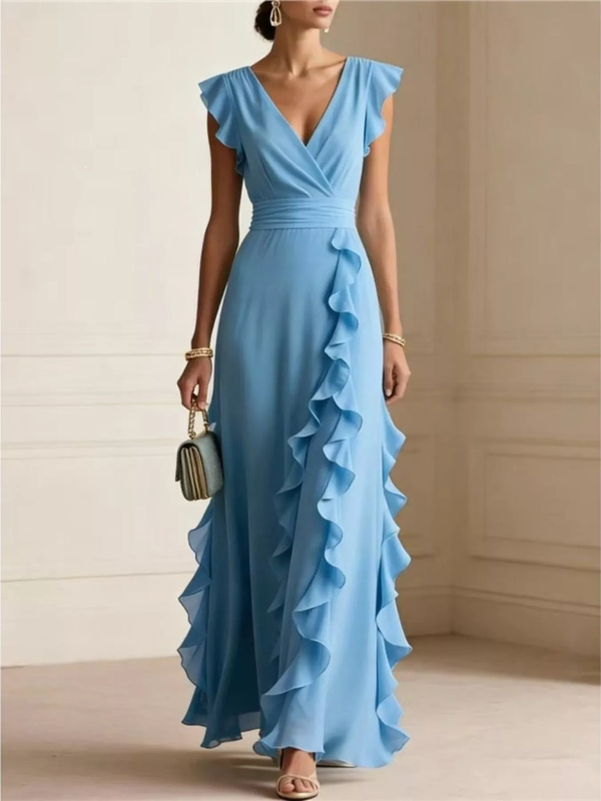 Women's Ruffled Surplice Maxi Dress in Sky Blue, front view