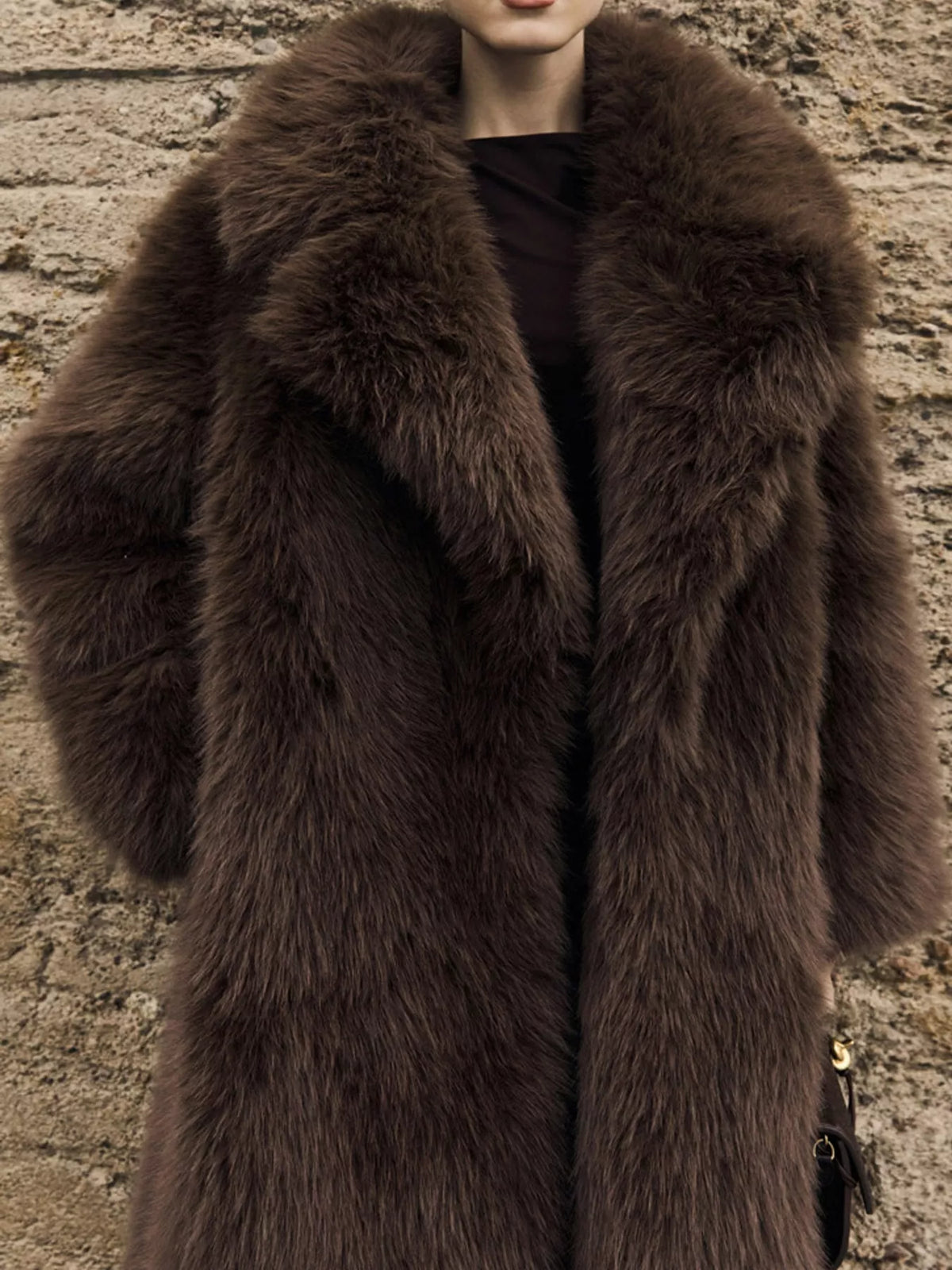 Faux Fur Open Front Longline Coat, detail view in brown