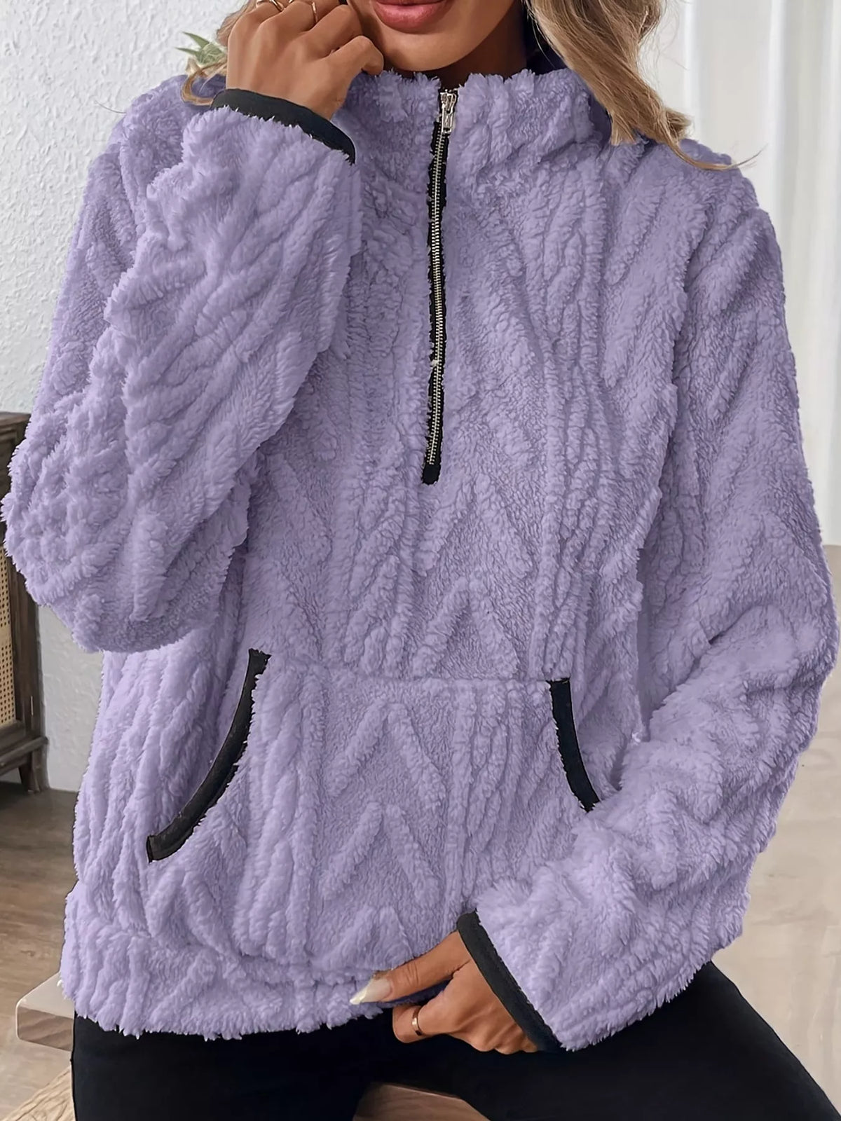 Women's Quarter-Zip Sherpa Sweatshirt in lavender — front view