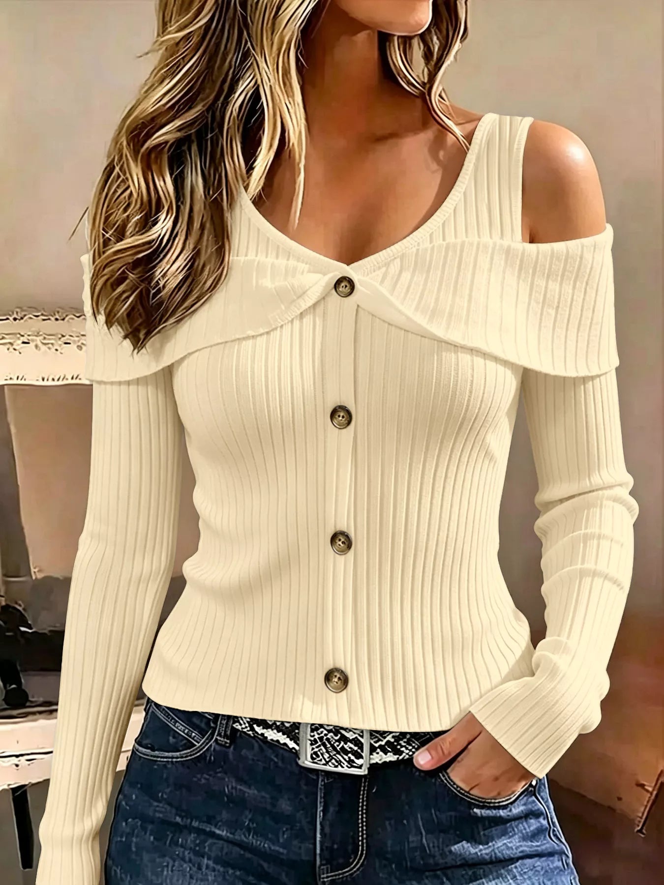Trendsi Cold Shoulder Ribbed Knit Top -