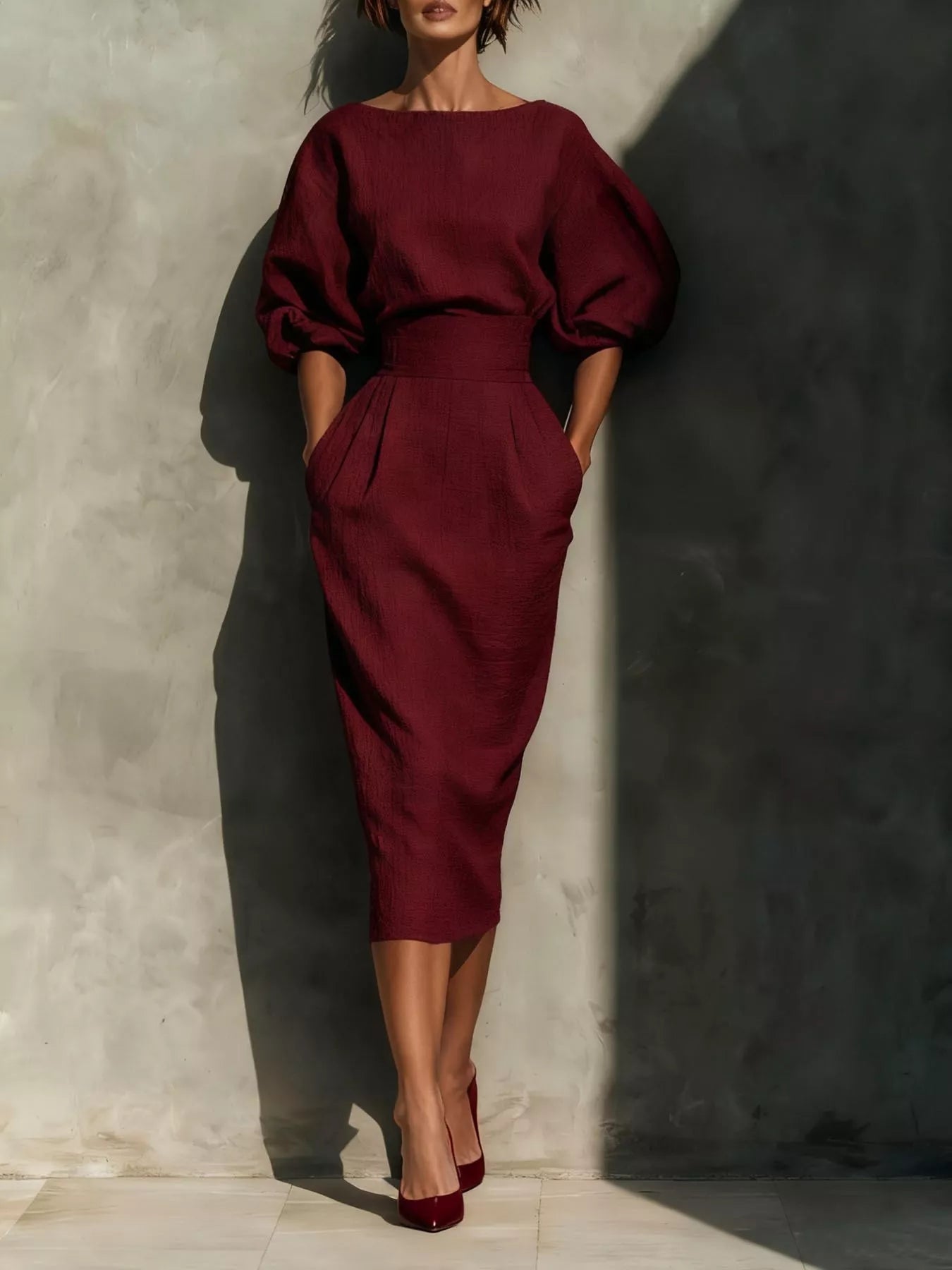 Trendsi Full Size Round Neck Puff Sleeve Midi Dress Plus Size -