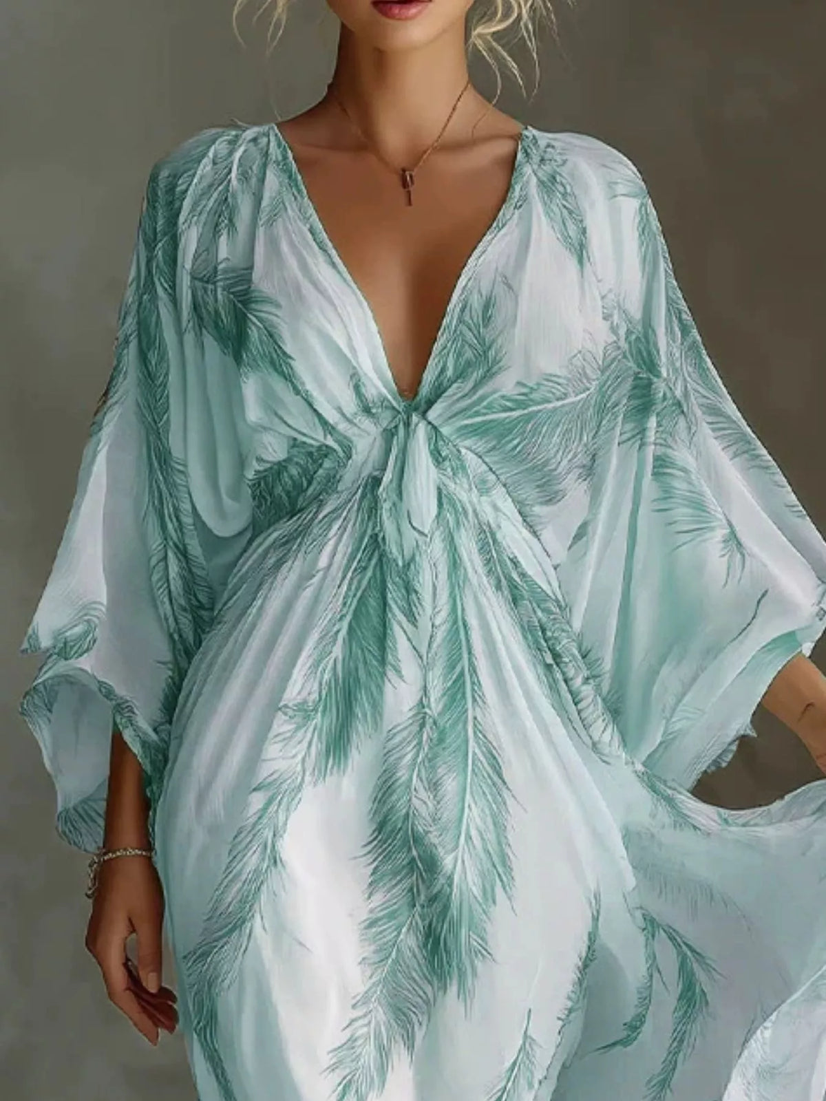 Feather-print V-neck flowy maxi dress