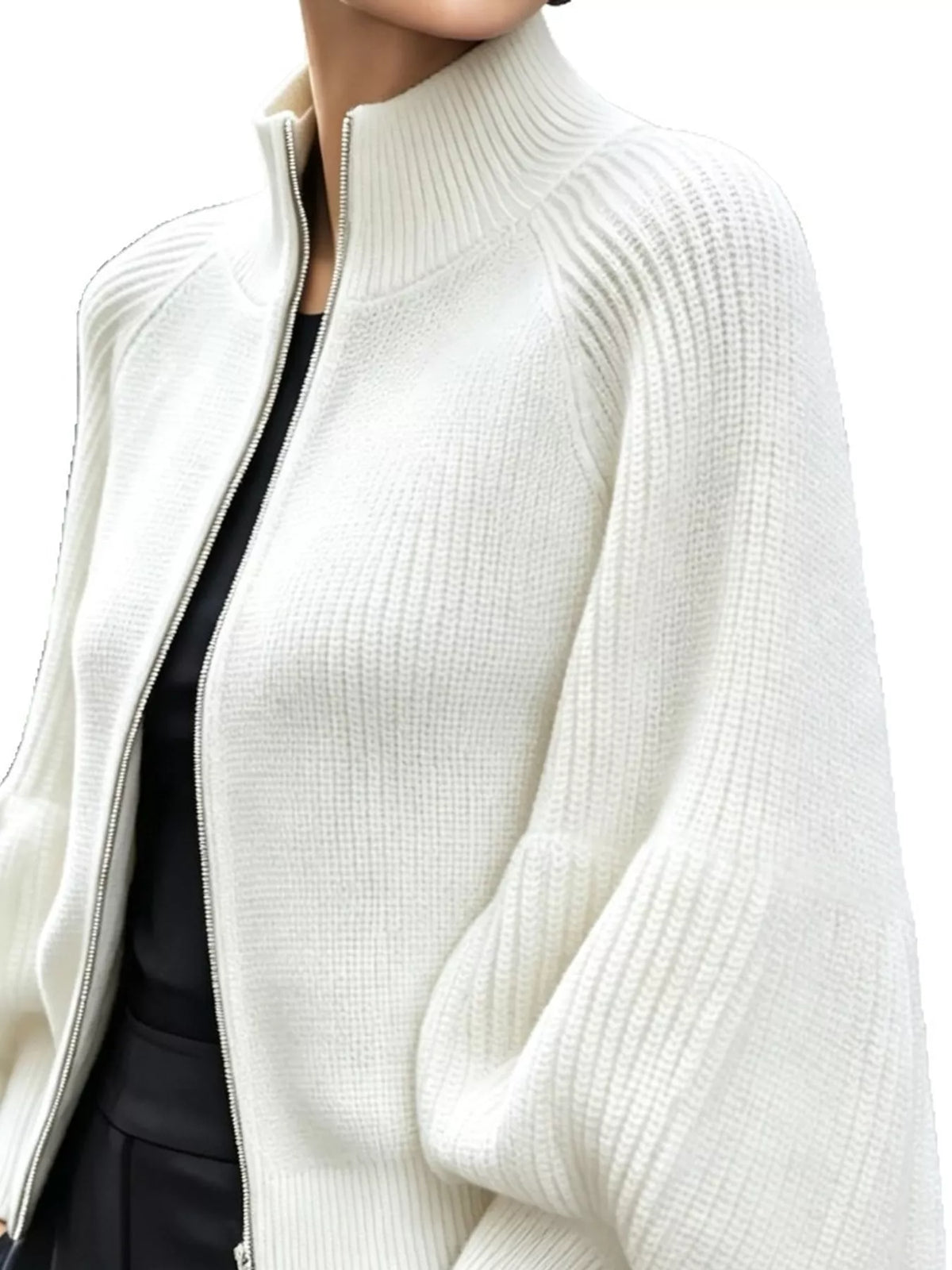 White ribbed knit zip-up lantern sleeve cardigan