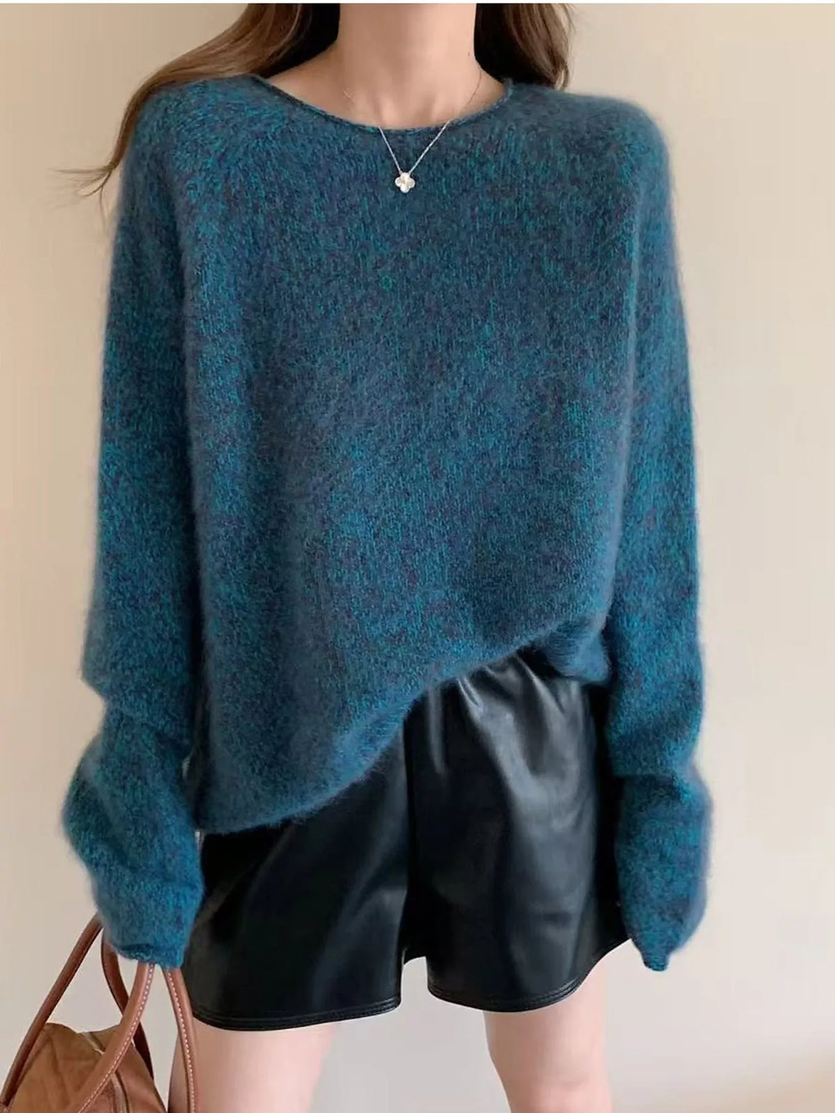 Round neck long sleeve sweater, front view on model