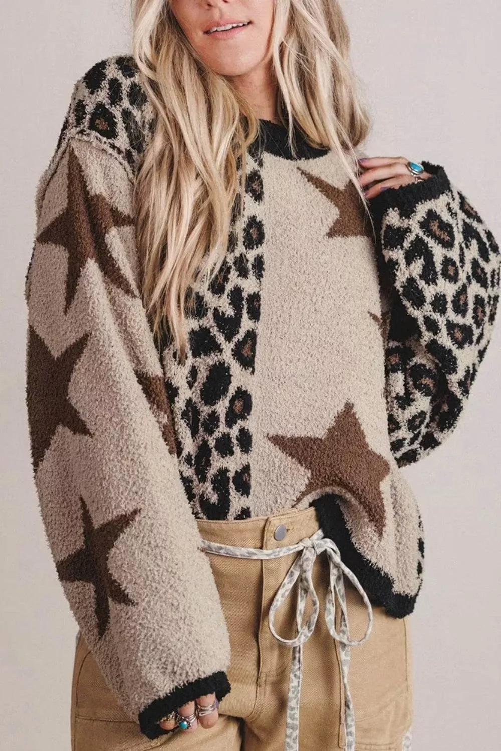 Trendsi Leopard Star Pattern Round Neck Long Sleeve Shift Sweater -
