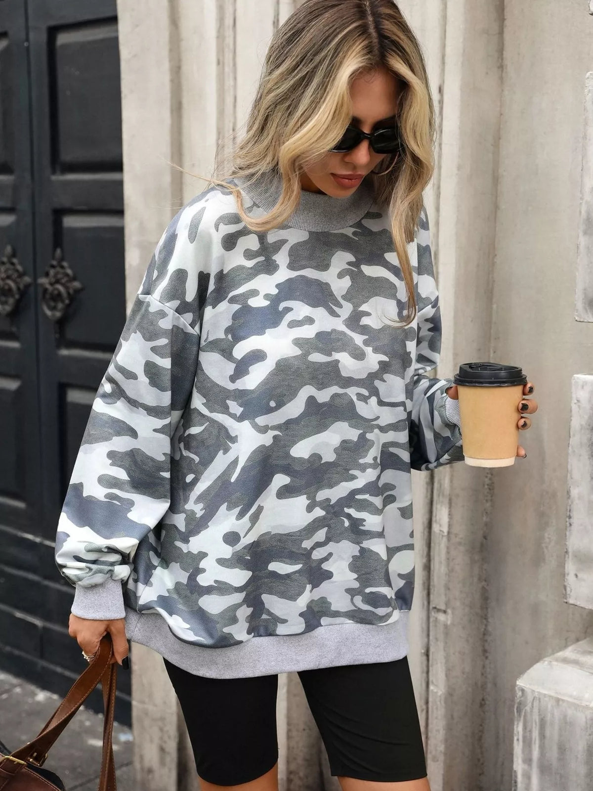 Camouflage-print mock-neck sweatshirt
