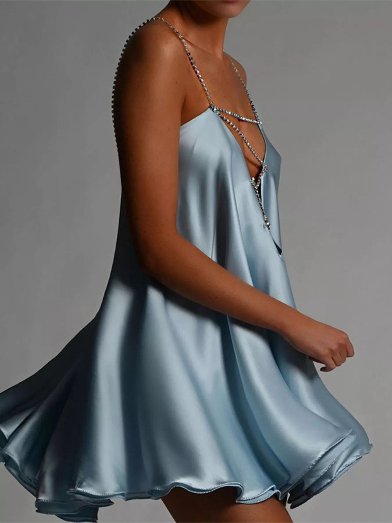 Trendsi Rhinestone Embellished Plunge Mini Dress -