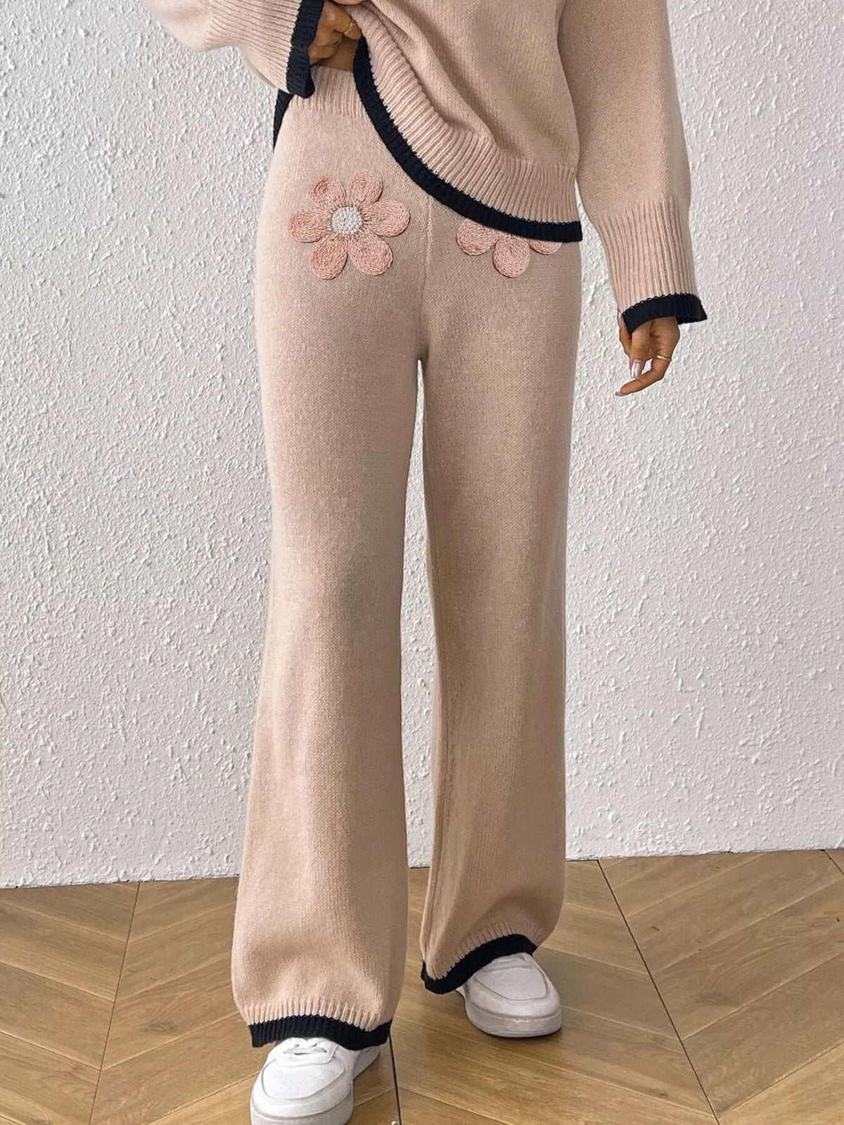 Trendsi Floral Applique High-Waisted Wide-Leg Sweater Pants -